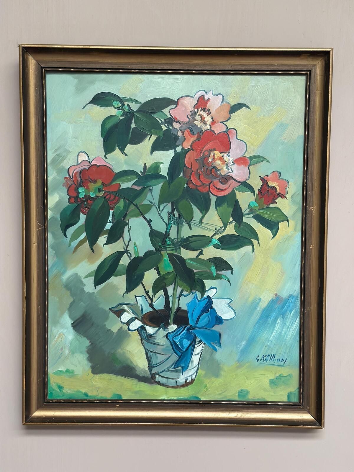 photo vinterior Original Mid Century Swedish Oil On Panel – "Flower Motif In Pot” By G. Källbom – Vintage & Framed – 50 × 67 Cm (19.7" × 26.4")