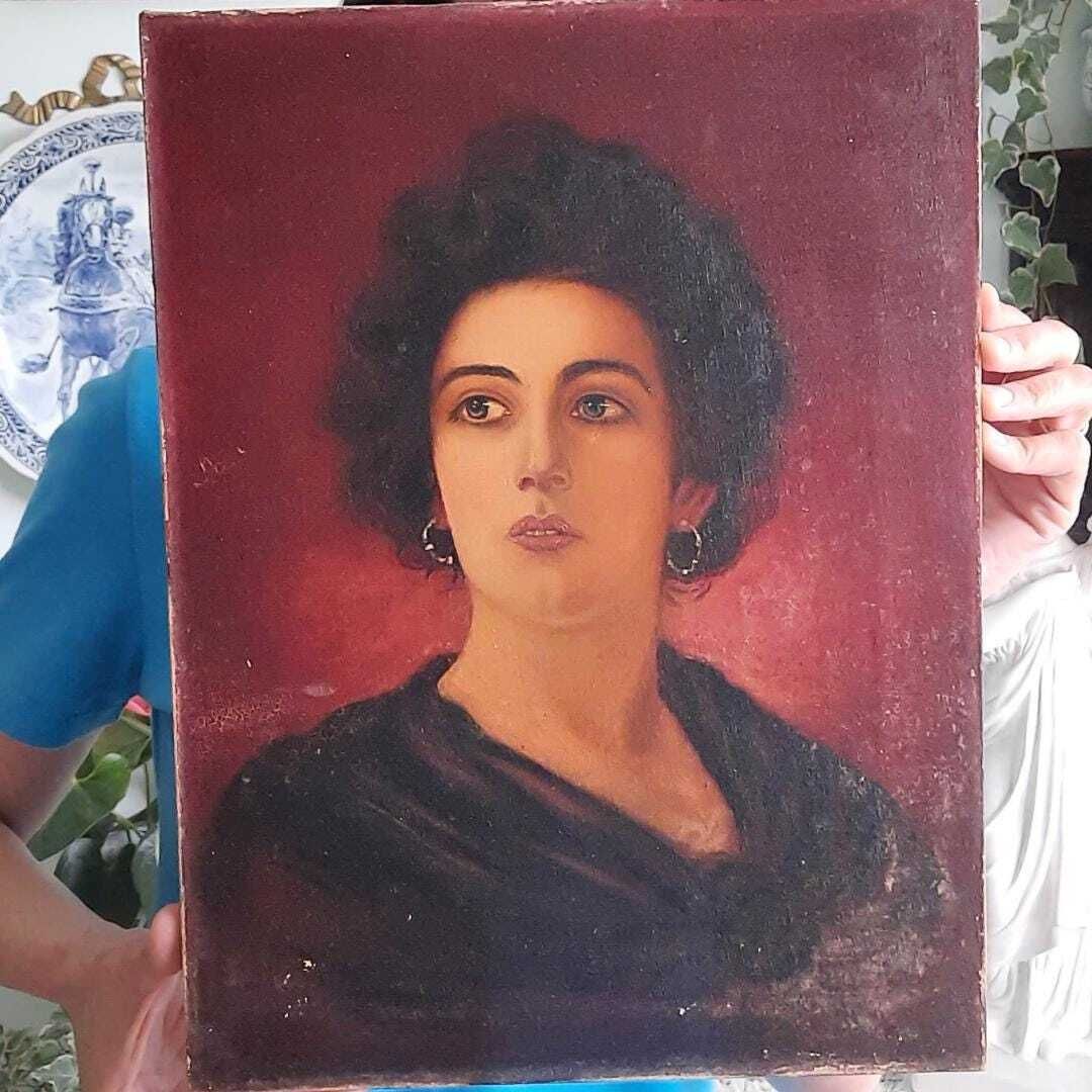 Truly Antique Oil Portrait Of A Woman After A Portrait By F Doubek. H 16'' photo vinterior