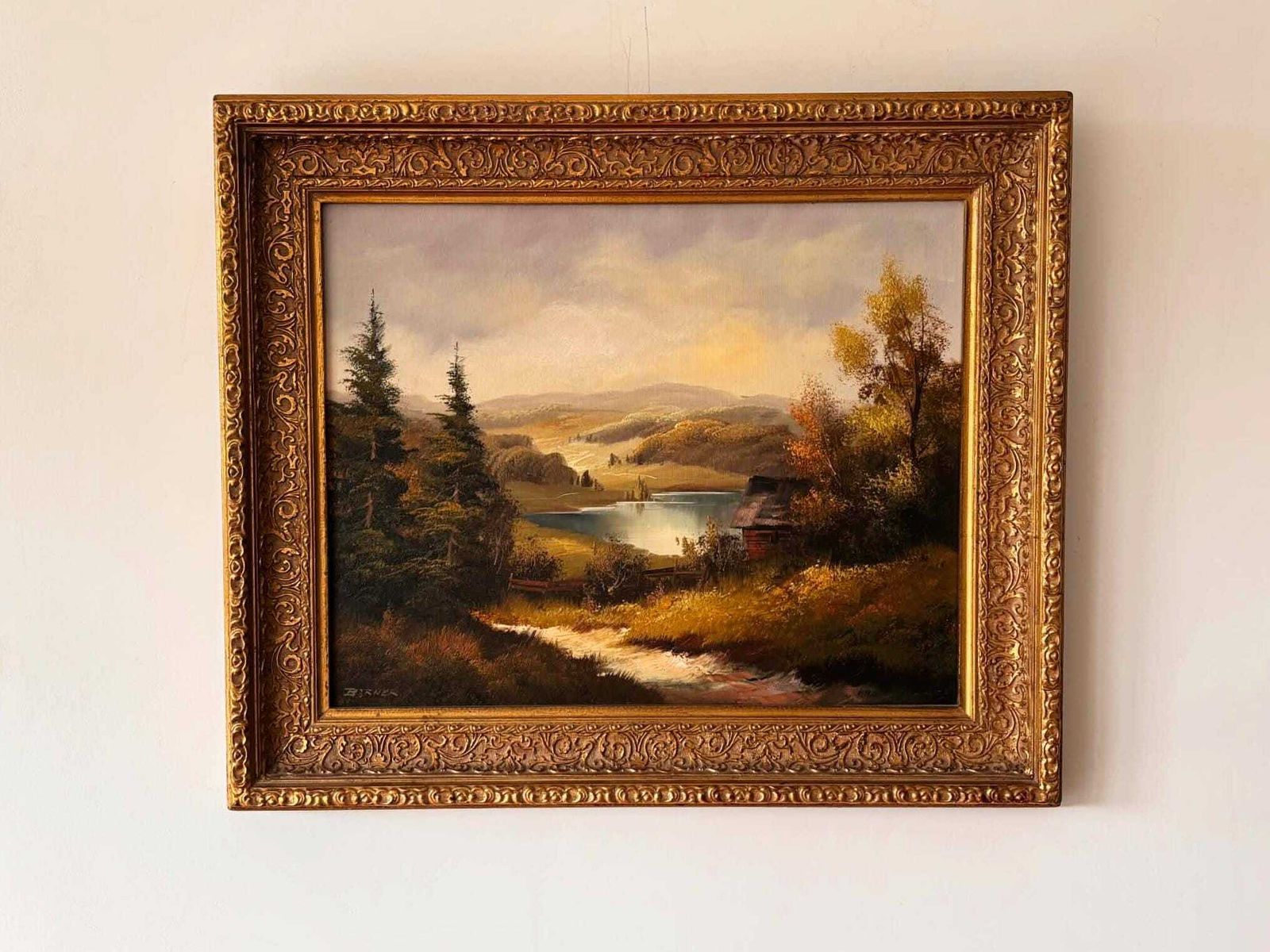 Vintage Landscape Oil Painting Signed Börner, Framed European Pastoral Lake Scene In Ornate Gold Frame, Rustic Cottage Wall Art photo 723.0
