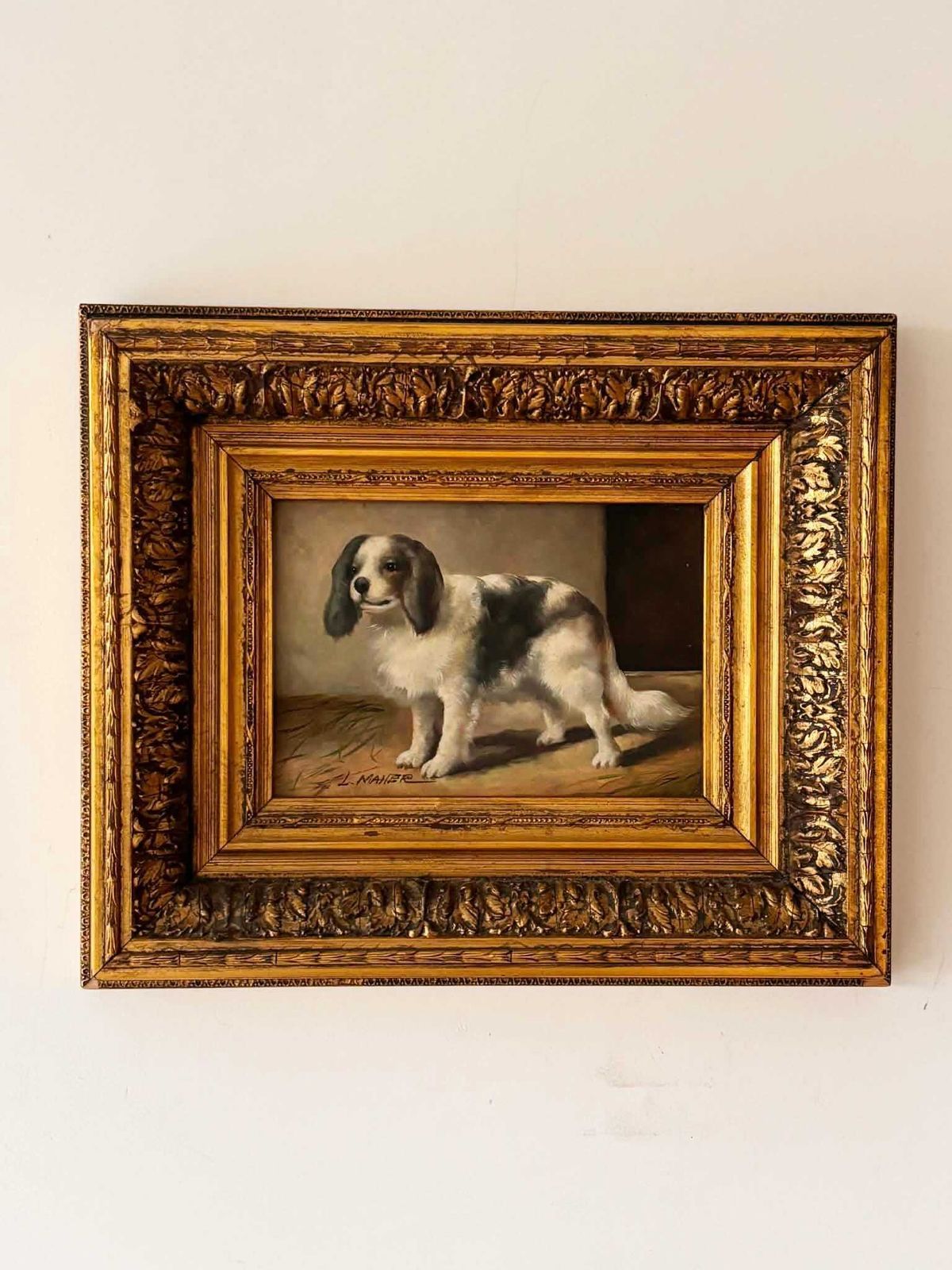Antique Dog Painting Signed L. Maher, Spaniel Portrait In Ornate Gilt Frame
