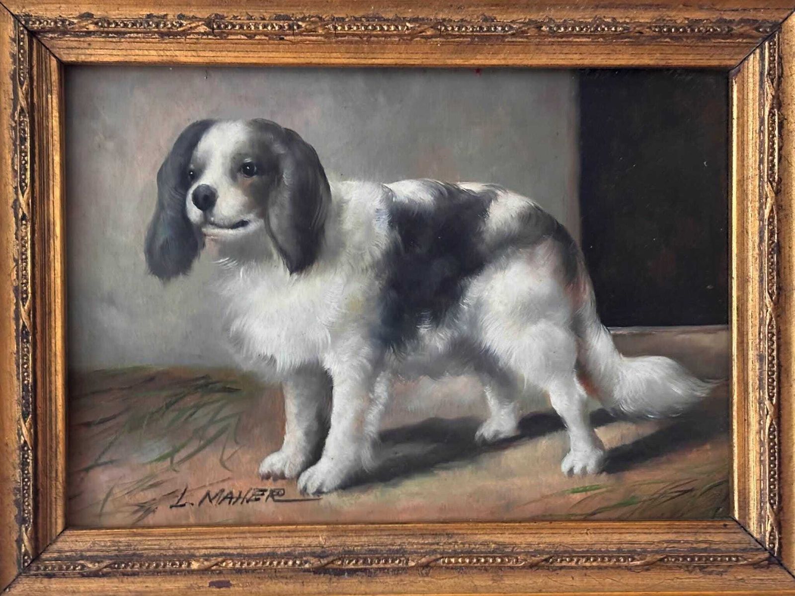 Antique Dog Painting Signed L. Maher, Spaniel Portrait In Ornate Gilt Frame photo furniture