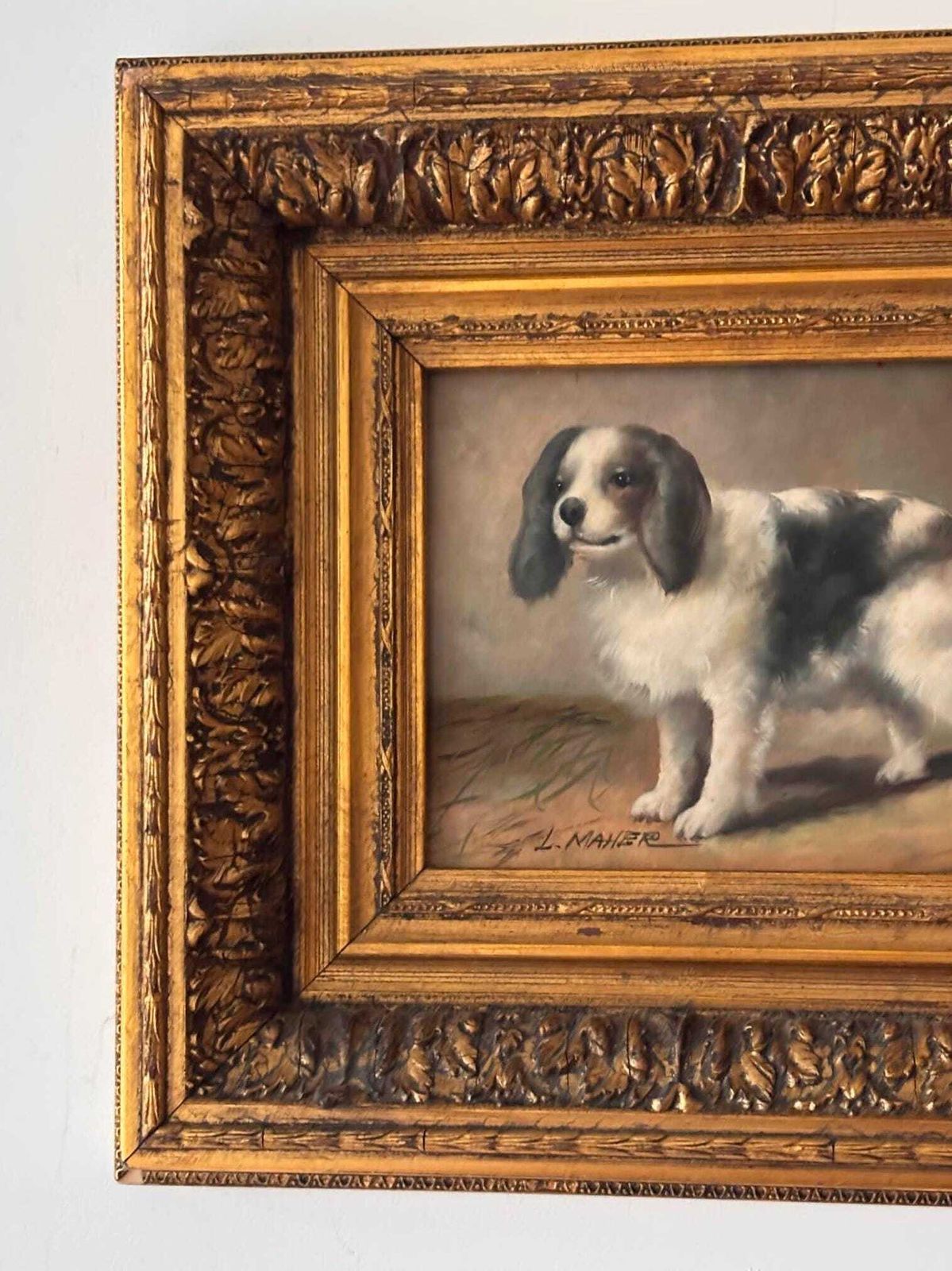 Antique Dog Painting Signed L. Maher, Spaniel Portrait In Ornate Gilt Frame photo 361.0