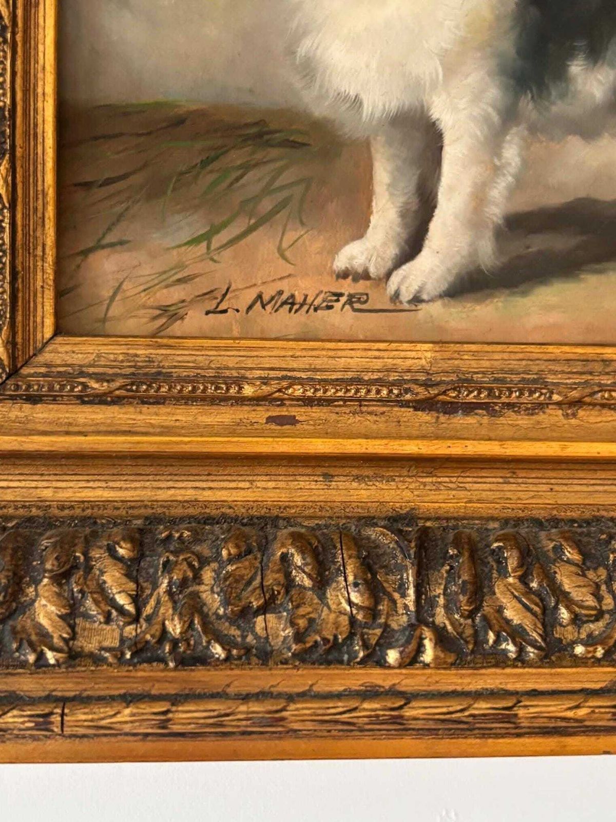 Antique Dog Painting Signed L. Maher, Spaniel Portrait In Ornate Gilt Frame photo vinterior