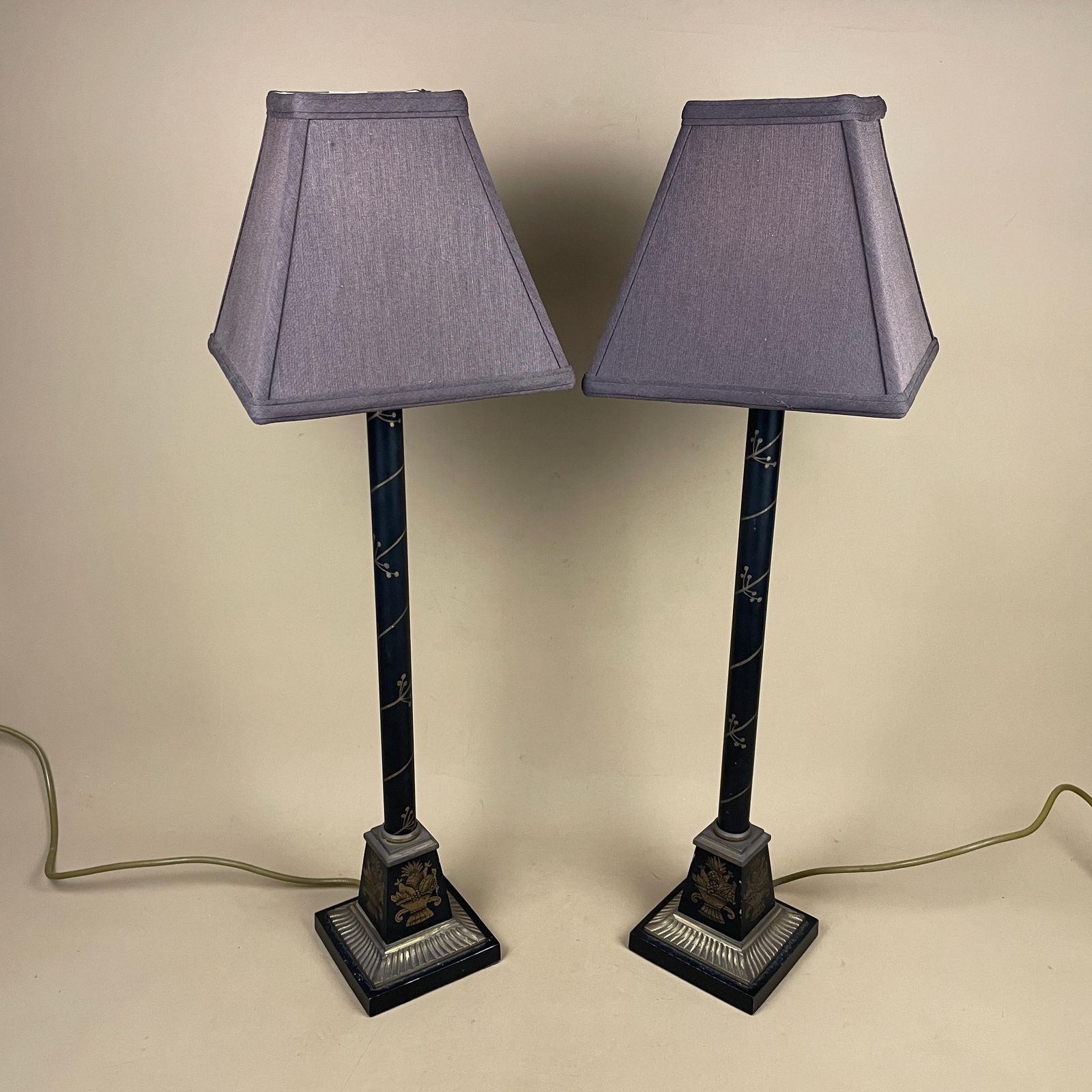 Black Hand Painted Lamps Pair Vintage Tall Neoclassical Style Table Lamps With Shades Hollywood Regency Black Gold Column photo vinterior