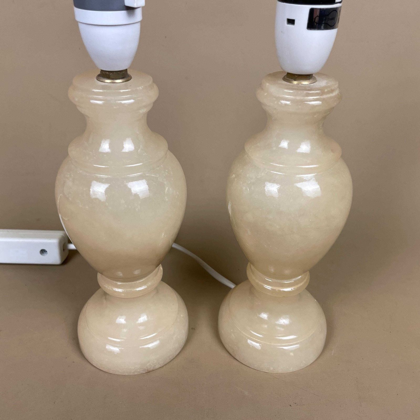 Pair Marble Table Lamps Cream Base Onyx Light Stone Small Vintage Italian Mid Century Style photo furniture