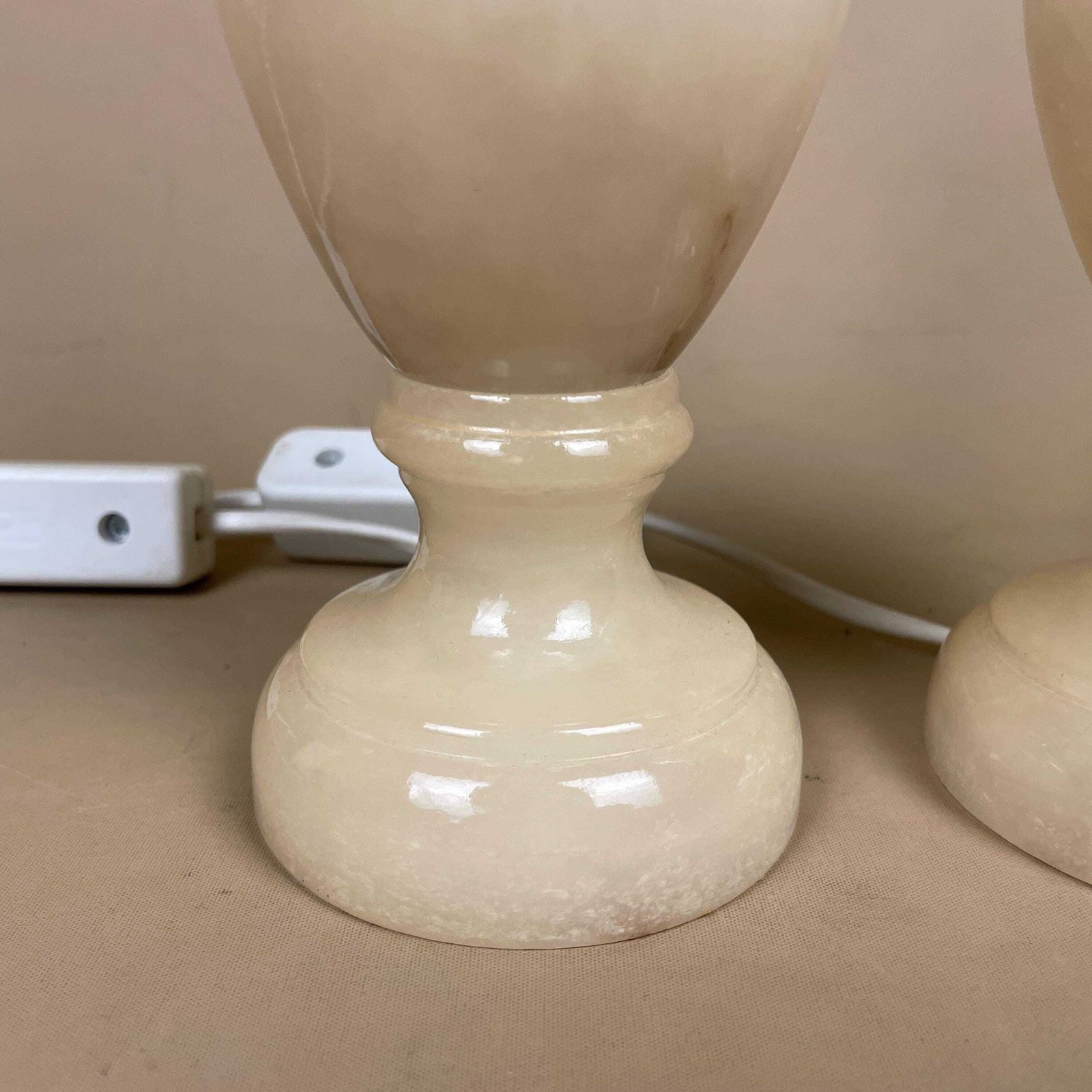 Pair Marble Table Lamps Cream Base Onyx Light Stone Small Vintage Italian Mid Century Style photo for sale