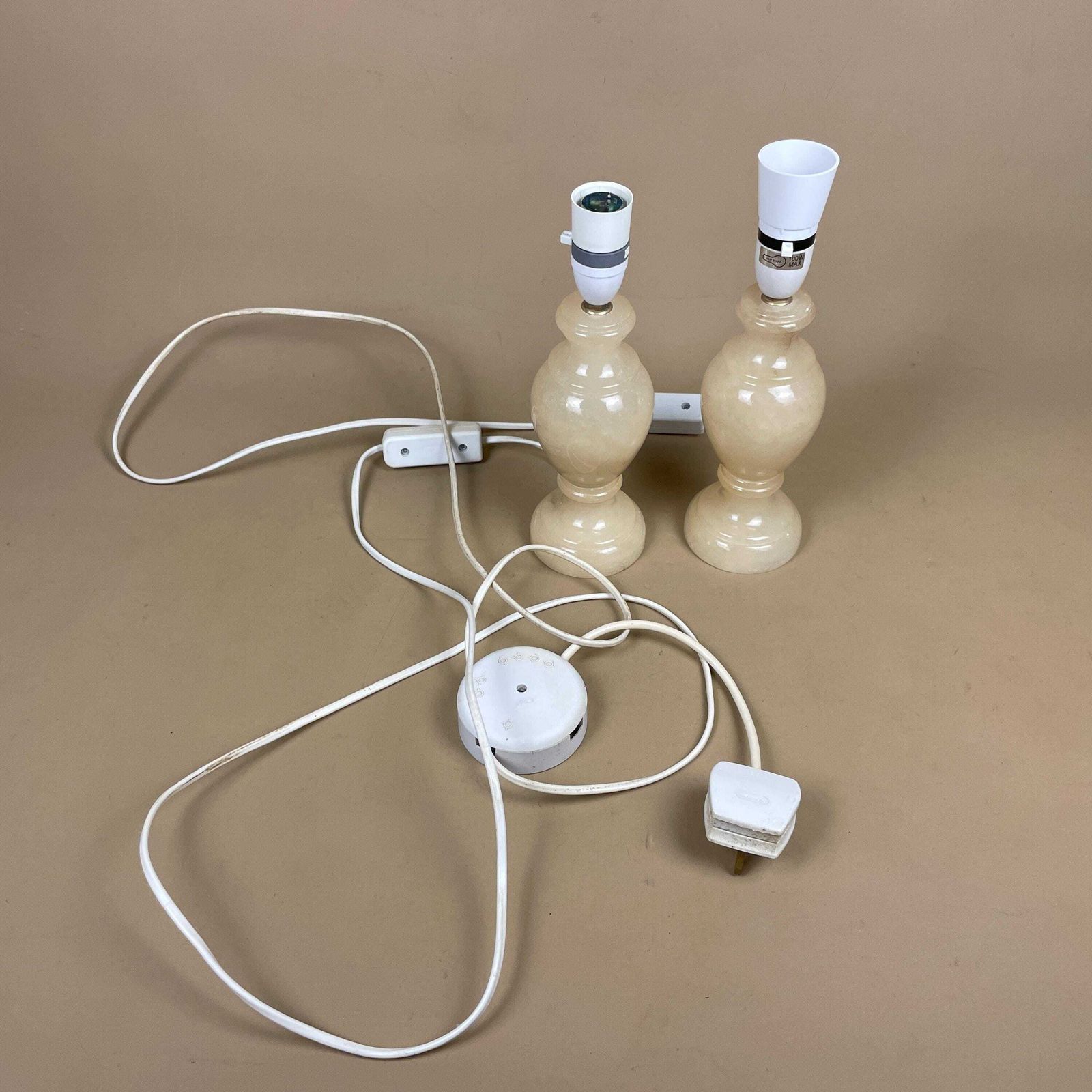 Pair Marble Table Lamps Cream Base Onyx Light Stone Small Vintage Italian Mid Century Style photo vintage