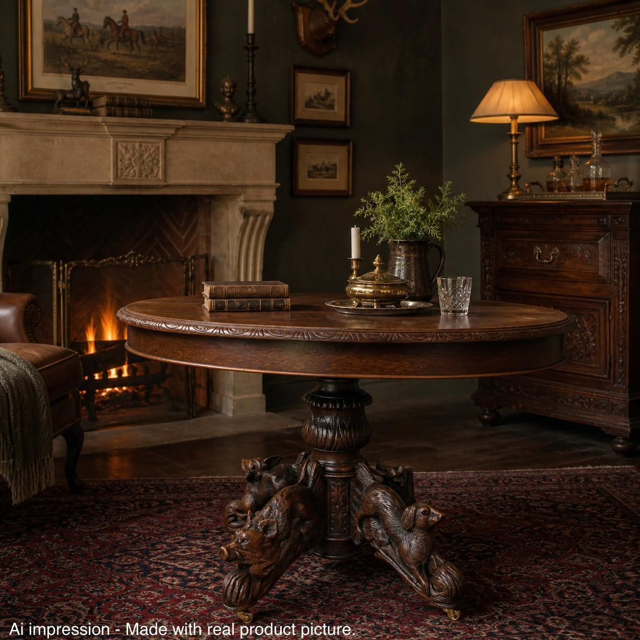 Table à manger ovale d'époque, chêne français XIXe siècle, style Forêt-Noire, décor de chasse animalier photo furniture