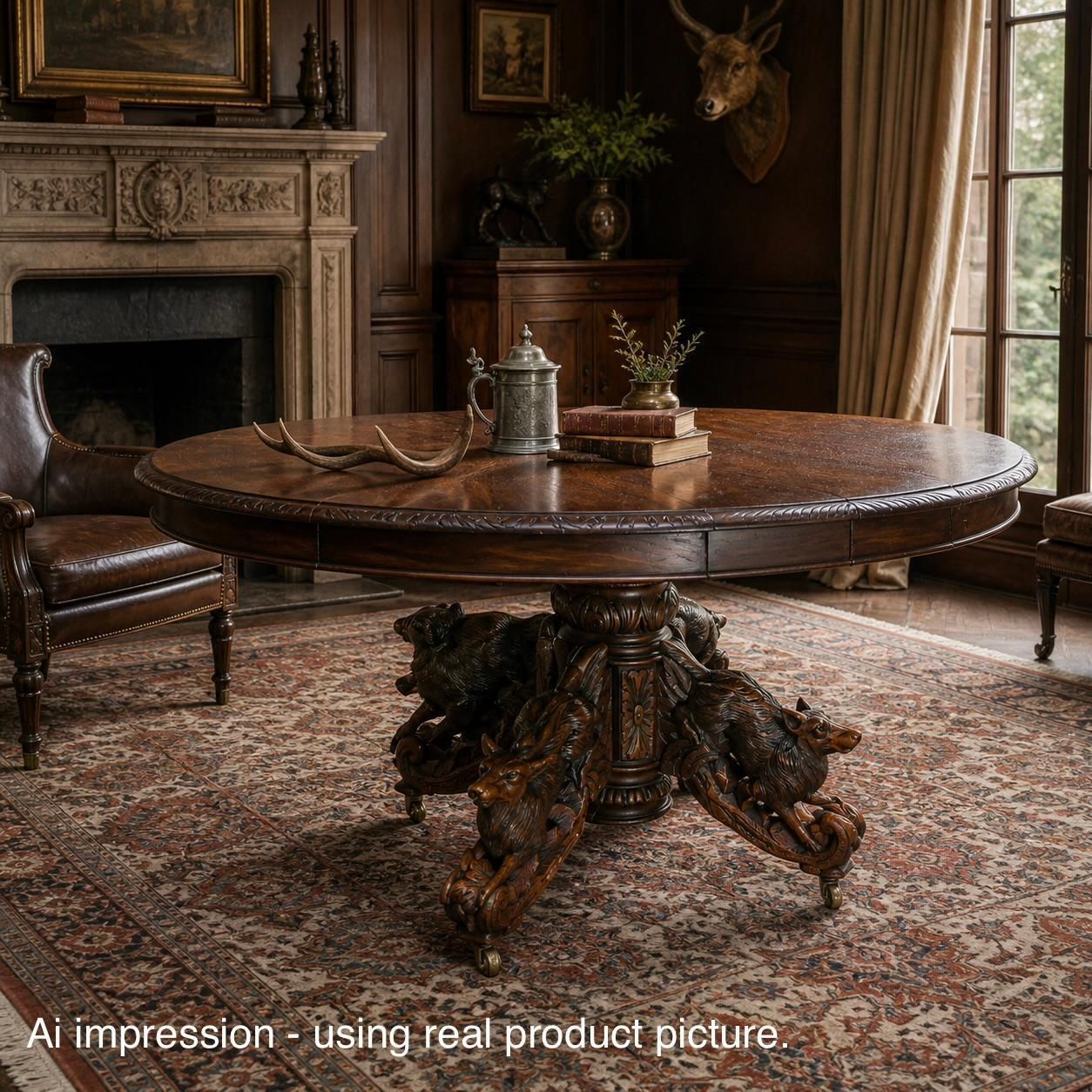 19th Century French Antique Oak Oval Dining Hunt Table Black Forest Animal Lodge photo furniture