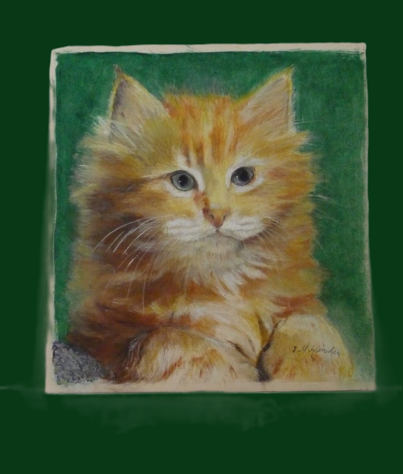 Mixed Media Art In Walnut Frame Ginger Cat Portrait: Early 20th Century photo Art