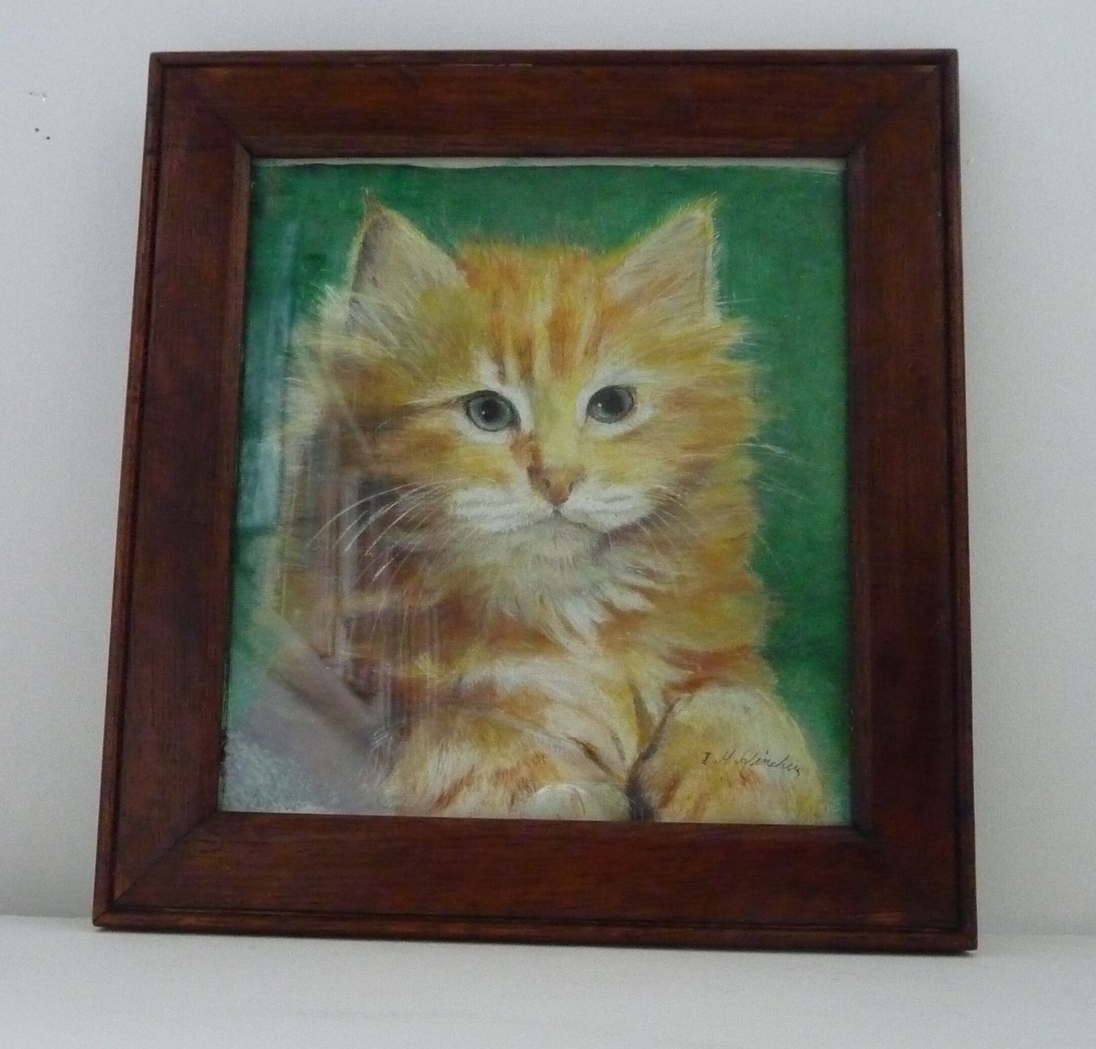 Mixed Media Art In Walnut Frame Ginger Cat Portrait: Early 20th Century photo buy