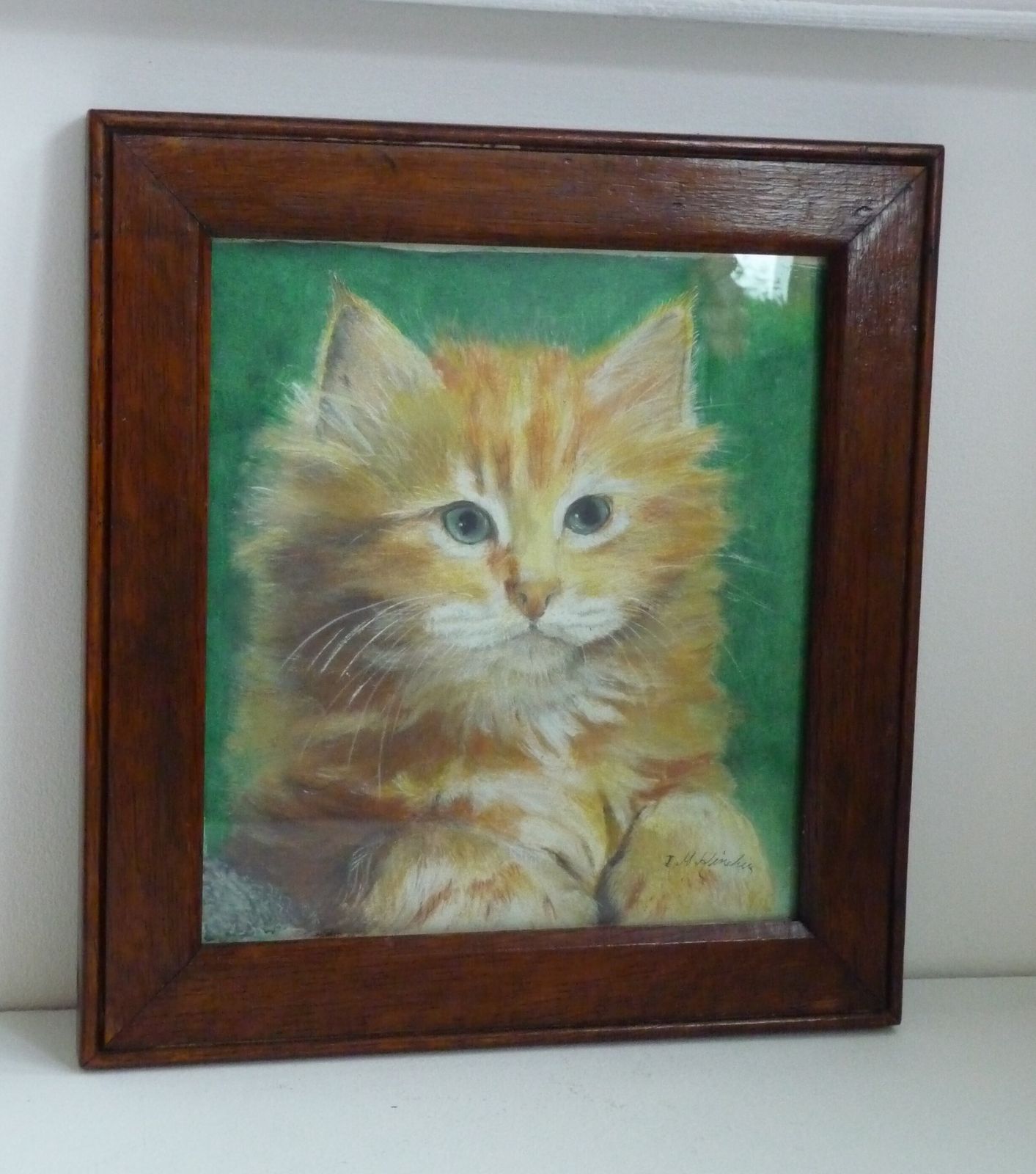 Mixed Media Art In Walnut Frame Ginger Cat Portrait: Early 20th Century photo vintage