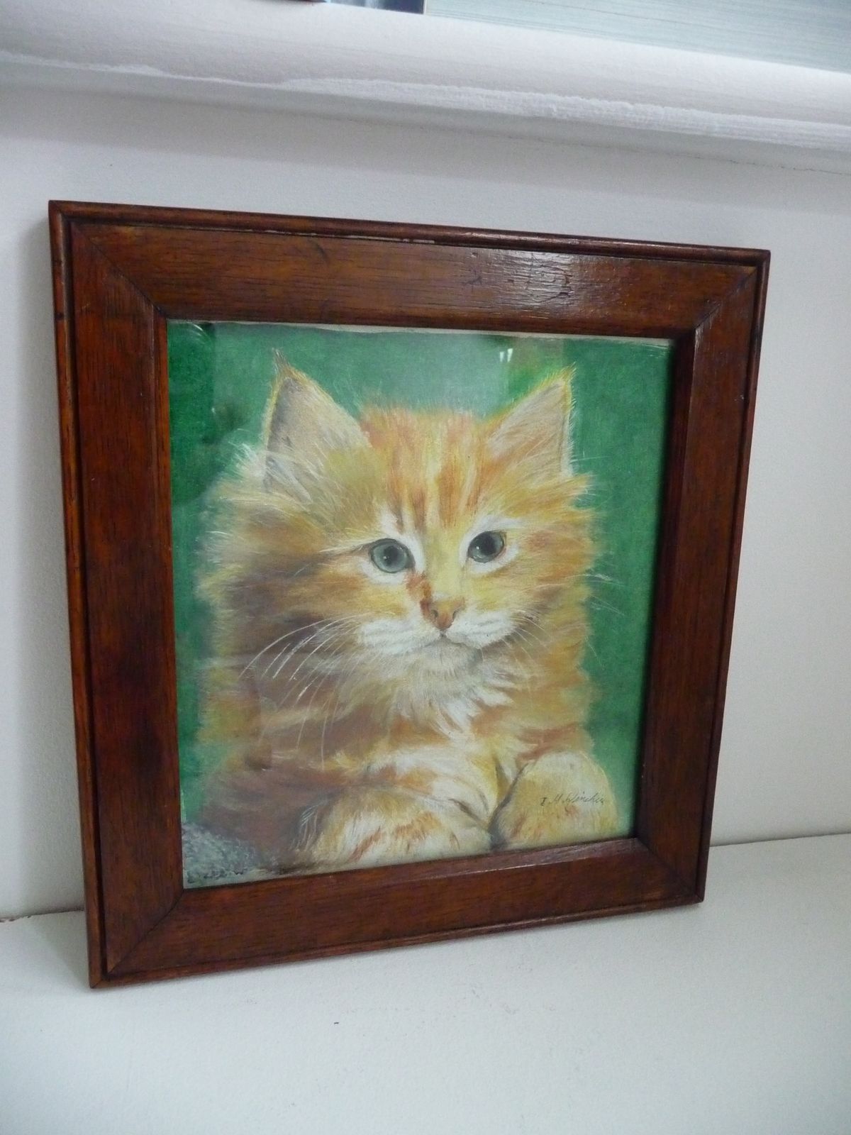 Art Mixed Media Art In Walnut Frame Ginger Cat Portrait: Early 20th Century photo