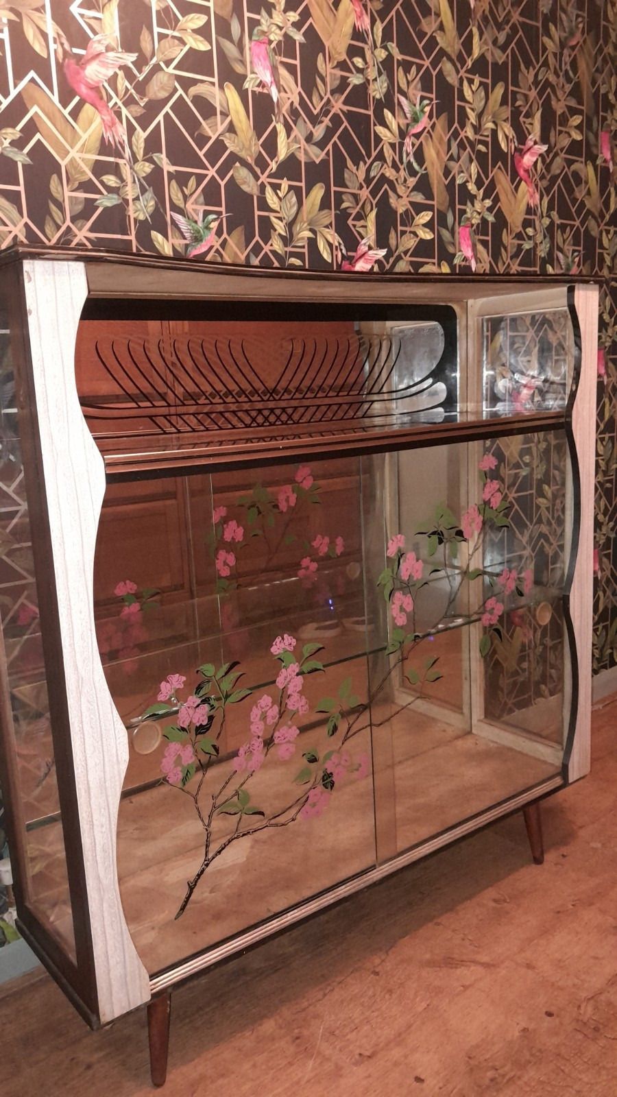 Mid Century 1950s Glass Cocktail/Display Cabinet With Floral Glass Sliding Doors photo for sale