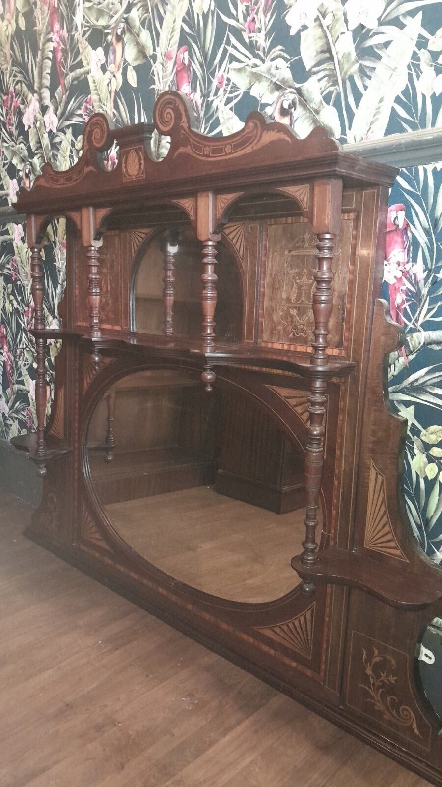Antique Large Inlayed Mahogany Overmantel 2 Mirrors And 3 Shelves photo furniture