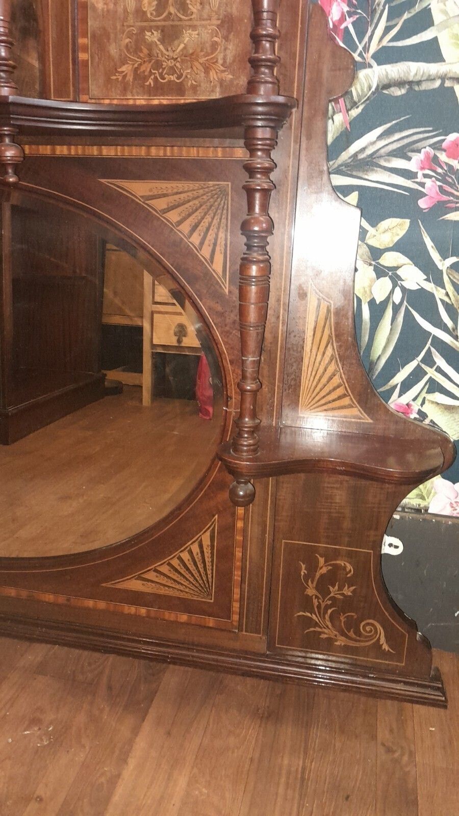 Antique Large Inlayed Mahogany Overmantel 2 Mirrors And 3 Shelves photo Home Decor