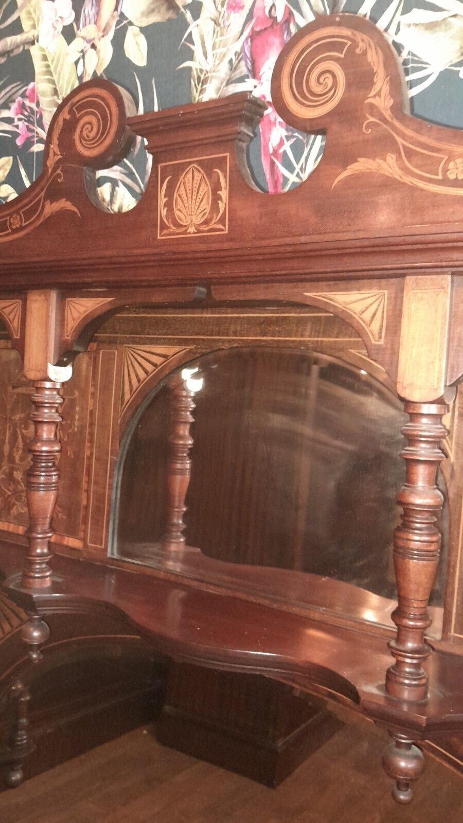Antique Large Inlayed Mahogany Overmantel 2 Mirrors And 3 Shelves photo 599.0