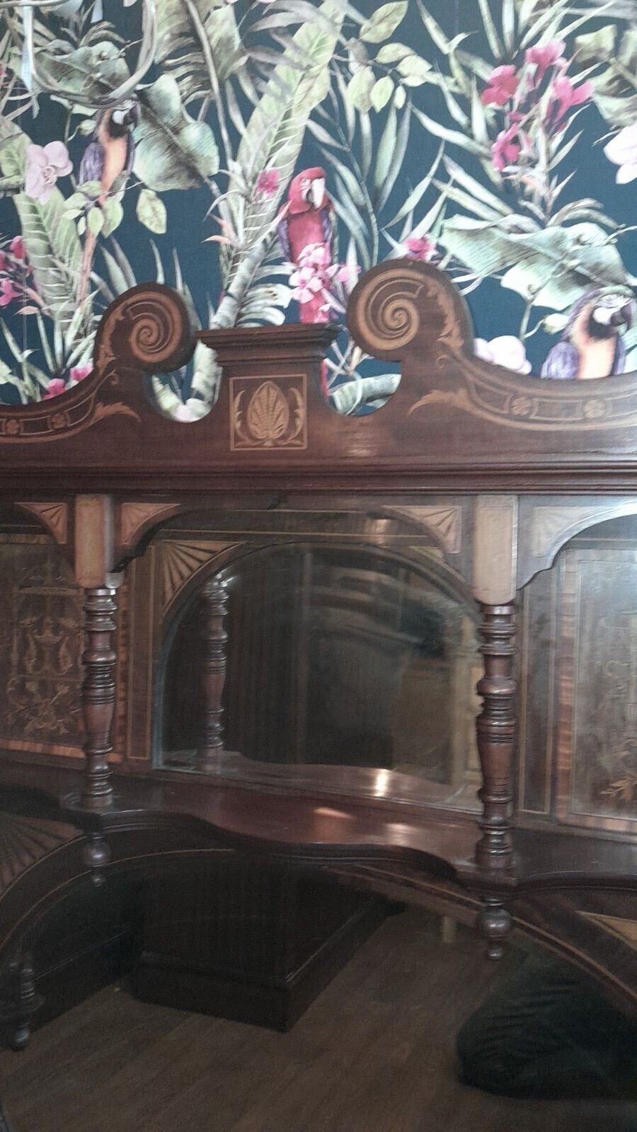 Antique Large Inlayed Mahogany Overmantel 2 Mirrors And 3 Shelves photo vintage