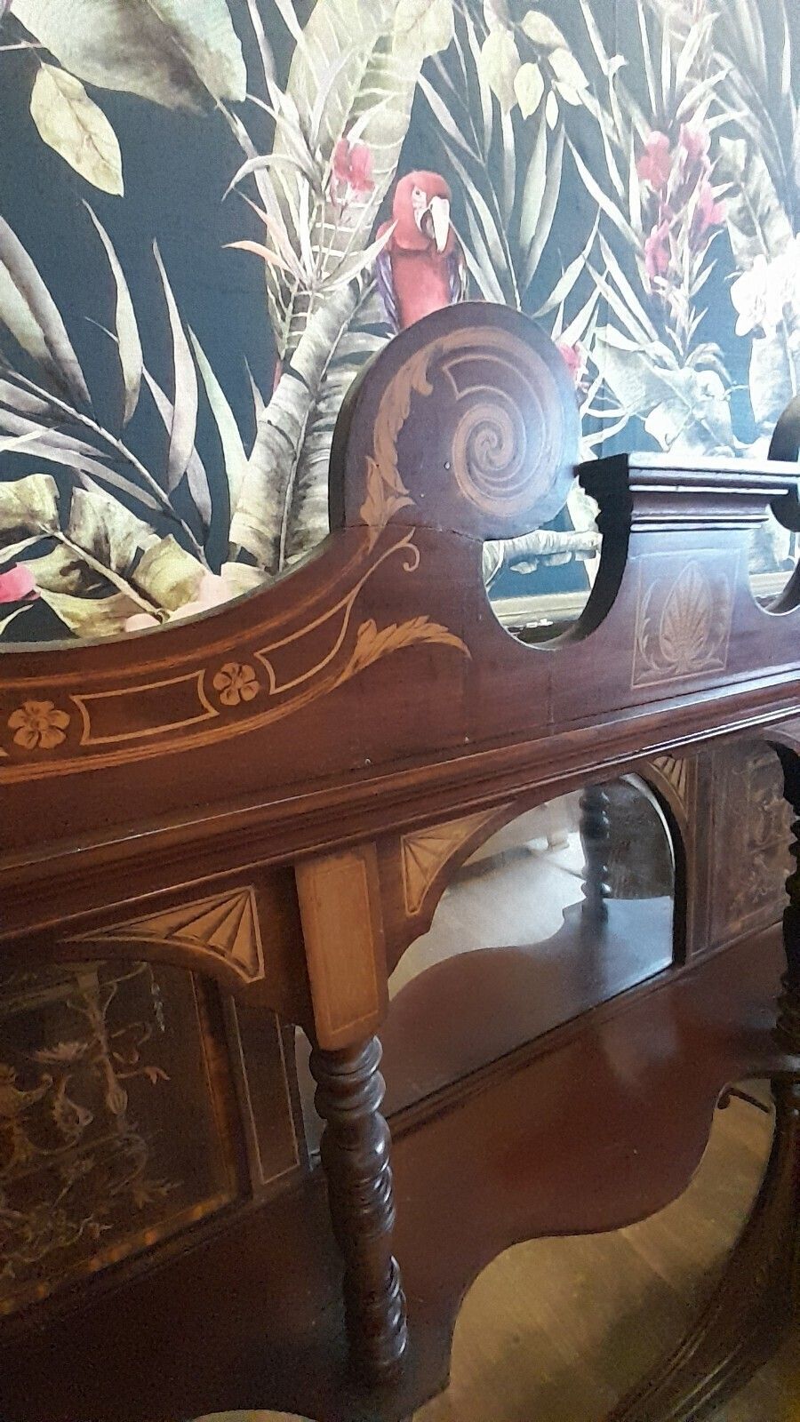 Home Decor Antique Large Inlayed Mahogany Overmantel 2 Mirrors And 3 Shelves photo