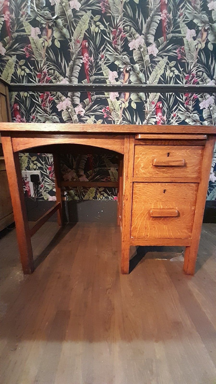 Mid Century Oak Small Desk With 2 Drawers And Pull Out Shelf photo furniture