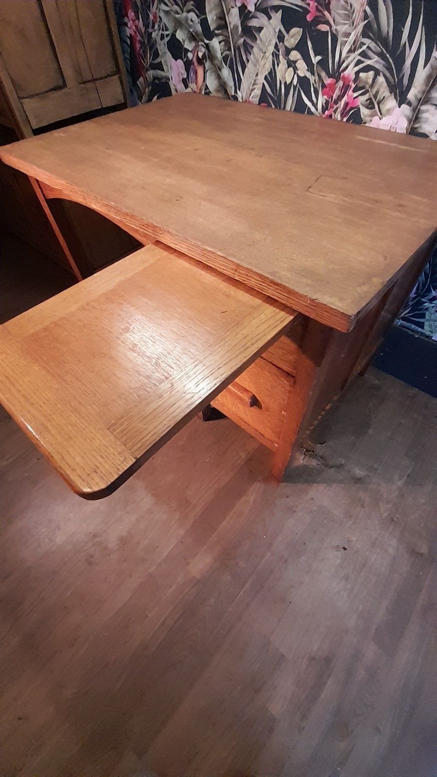 Mid Century Oak Small Desk With 2 Drawers And Pull Out Shelf photo buy