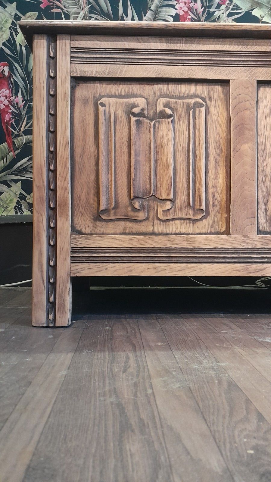 Vintage Solid Carved Oak Blanket Chest With Hinged Lid photo furniture