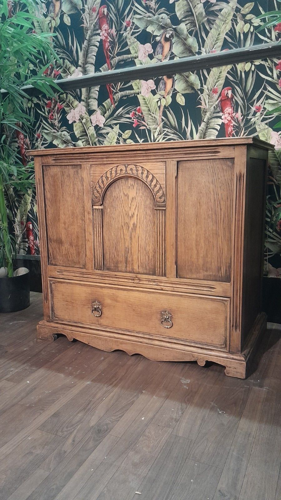 Vintage Solid Light Carved Oak Blanket Box With Hinged Lid And Drawer