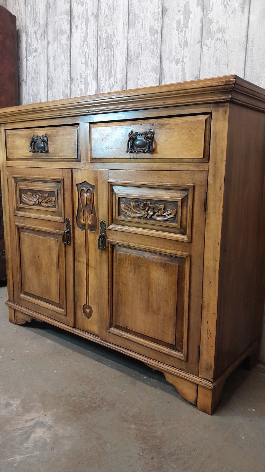 Antique Rustic Carved Wood 2 Drawer Over 2 Door Sideboard