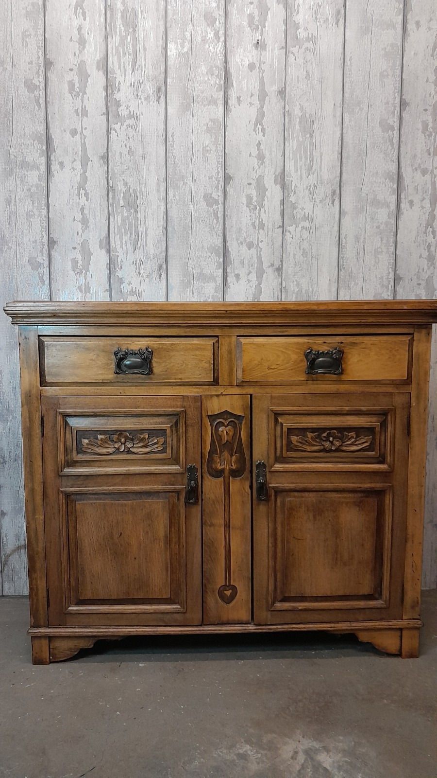 Antique Rustic Carved Wood 2 Drawer Over 2 Door Sideboard photo for sale