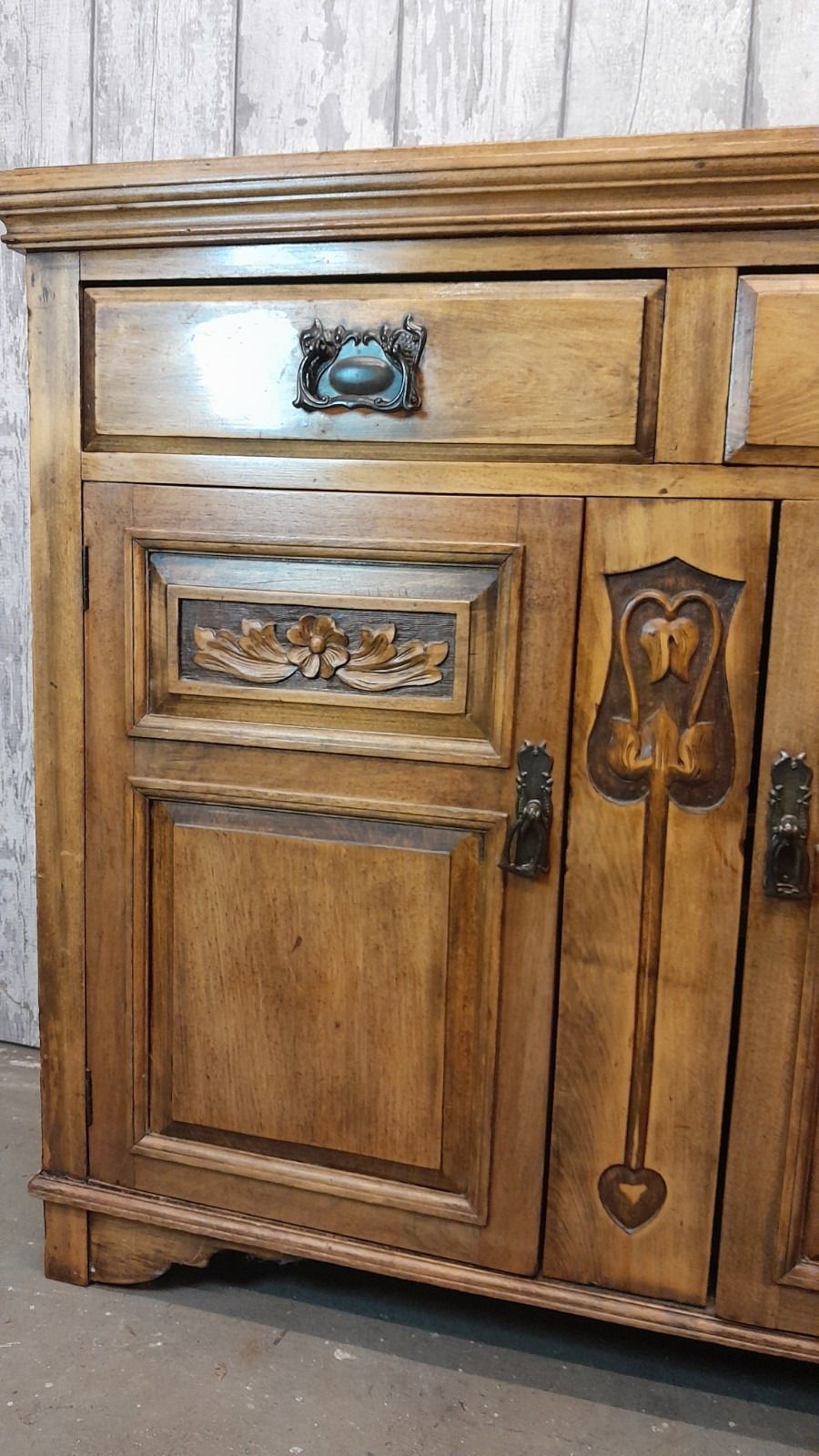 Antique Rustic Carved Wood 2 Drawer Over 2 Door Sideboard photo 195.0