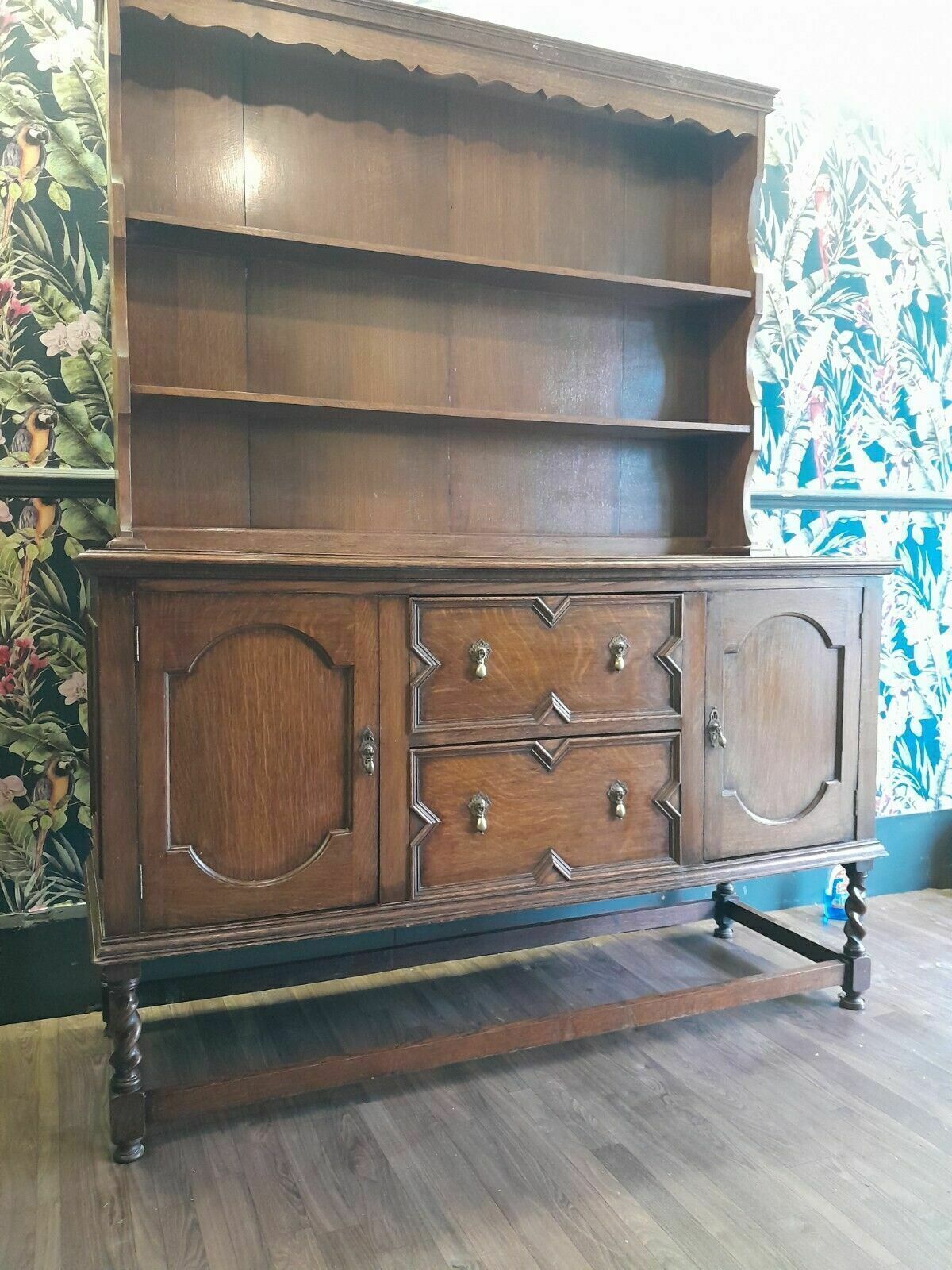 Solid Oak Geometric Jacobean Style Welsh Dresser 2 Drawers And Flanking Doors photo furniture