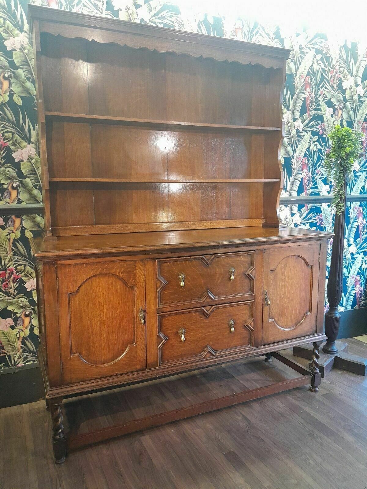 Solid Oak Geometric Jacobean Style Welsh Dresser 2 Drawers And Flanking Doors photo for sale