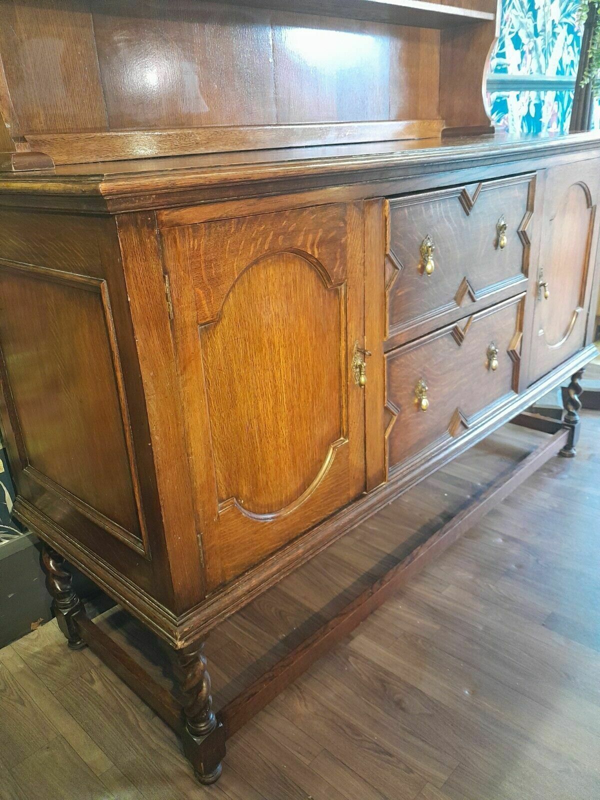 Solid Oak Geometric Jacobean Style Welsh Dresser 2 Drawers And Flanking Doors photo Furniture