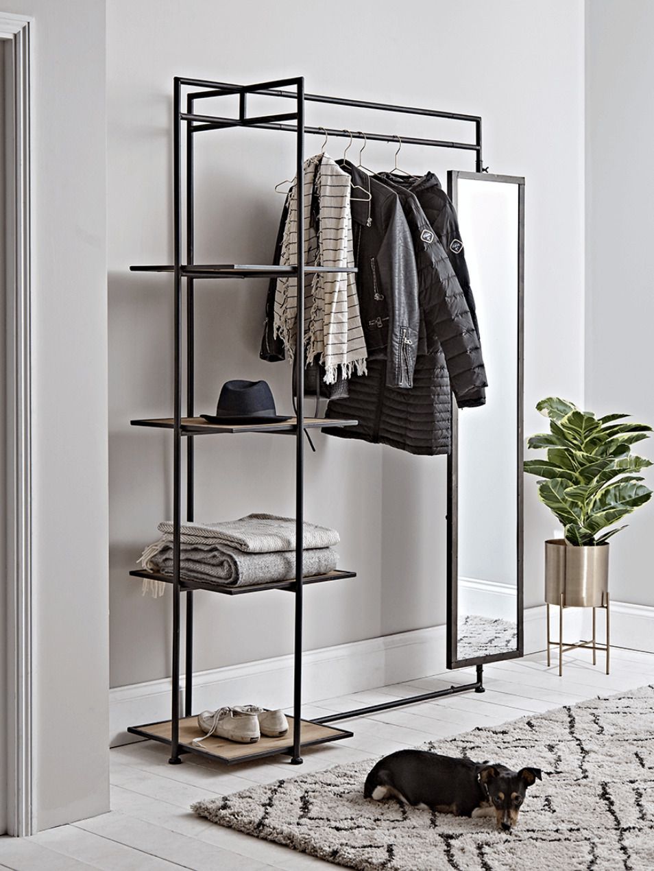 Wood & Metal Clothes Rail And Shelving Wardrobe Unit Industrial