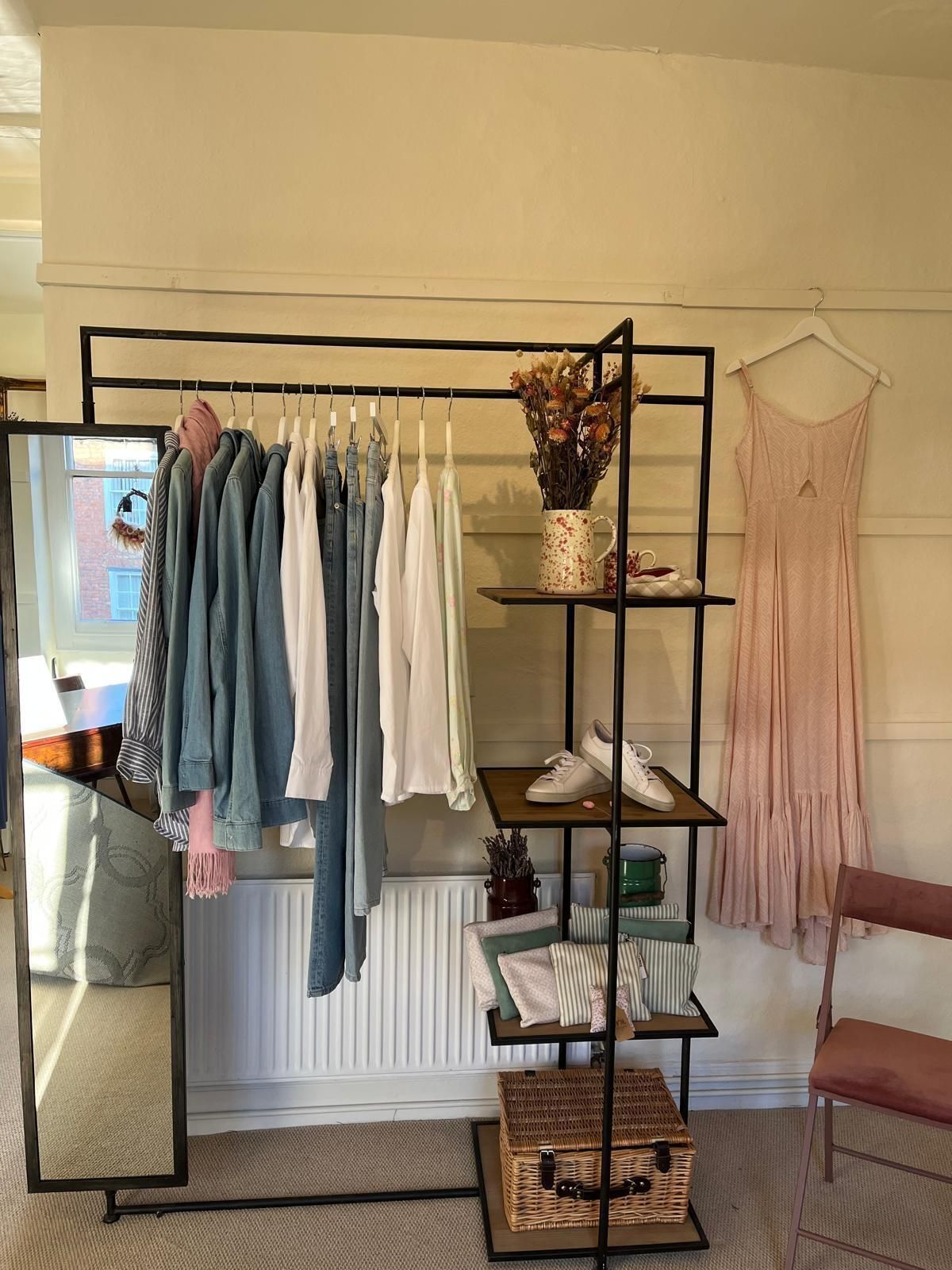 Wood & Metal Clothes Rail And Shelving Wardrobe Unit Industrial photo for sale