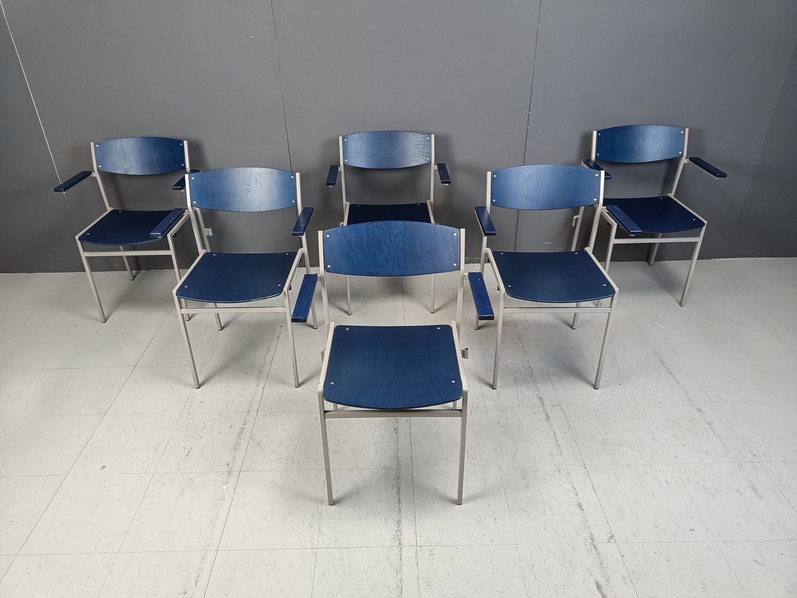 Minimalist Metal And Plywood Stackable Armchairs By Gijs Van Der Sluis, Set Of 6 photo for sale