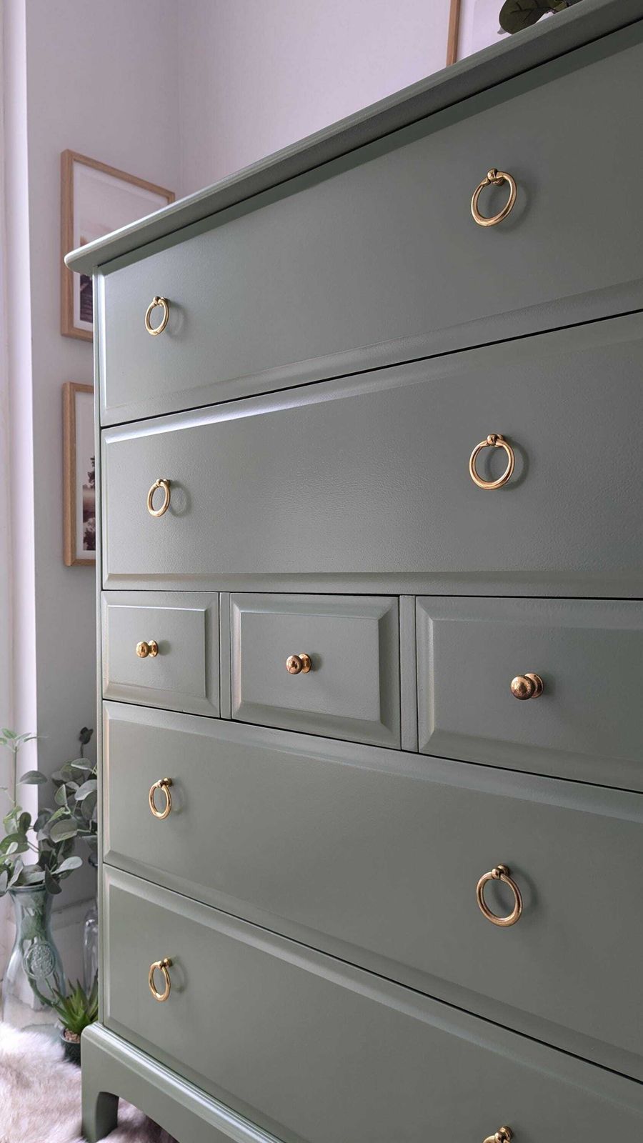 Spray Painted Sage Green Stag Minstrel Tallboy Chest Of Drawers photo Furniture