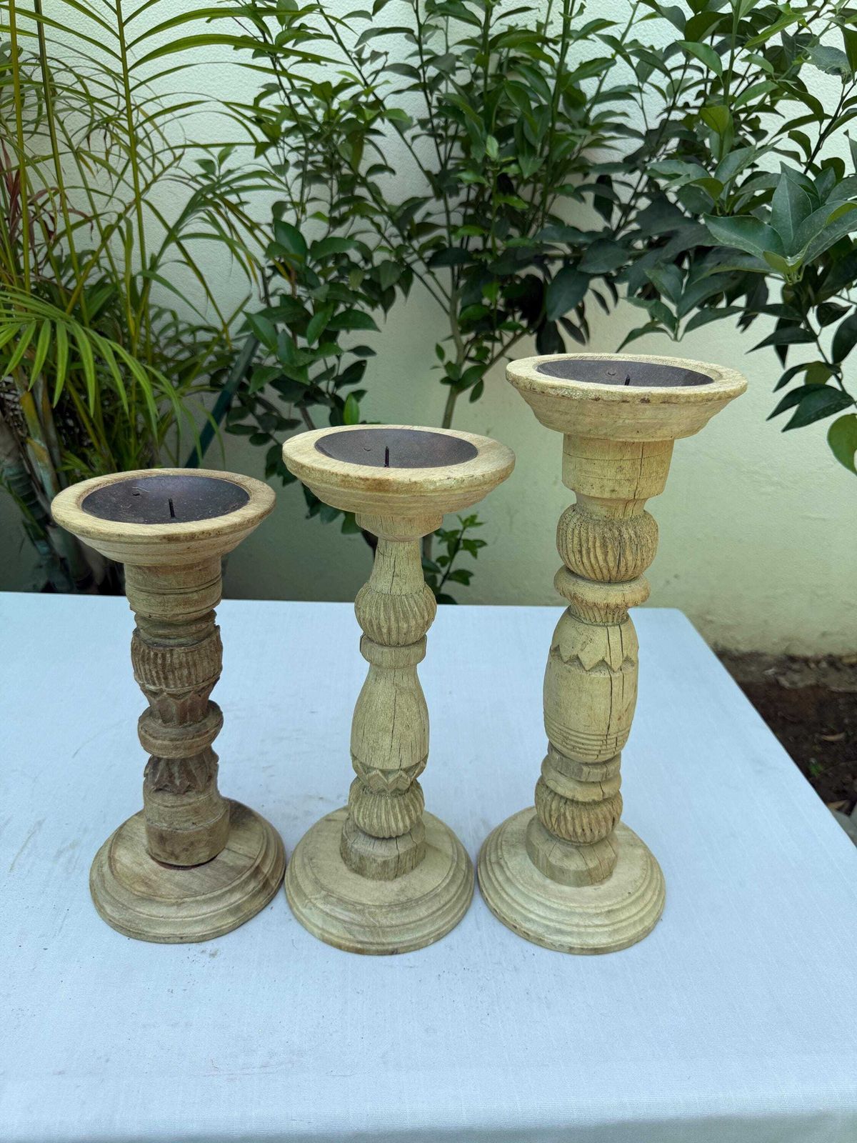 Set Of 3 Hand Carved Wooden Candle Holders | Rustic Farmhouse Table Centerpiece photo furniture
