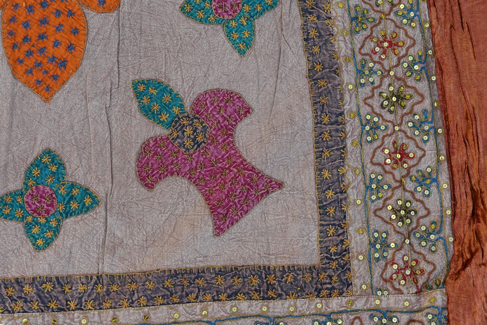 Vintage 1990's Copper Bed Cover With Exquisite Glasswork, Tapestry Hand Embroidery   Vintage Throw Blanket photo for sale
