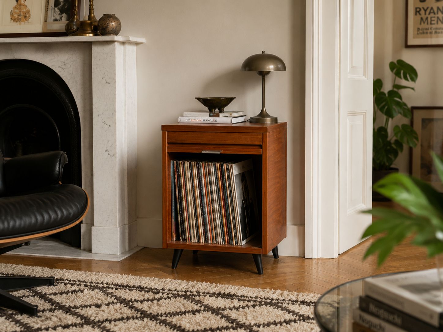 A Charming Vintage Mid Century Record Cabinet With A Tambour Front, Warm Wood Grain And Smart Tapered Legs.