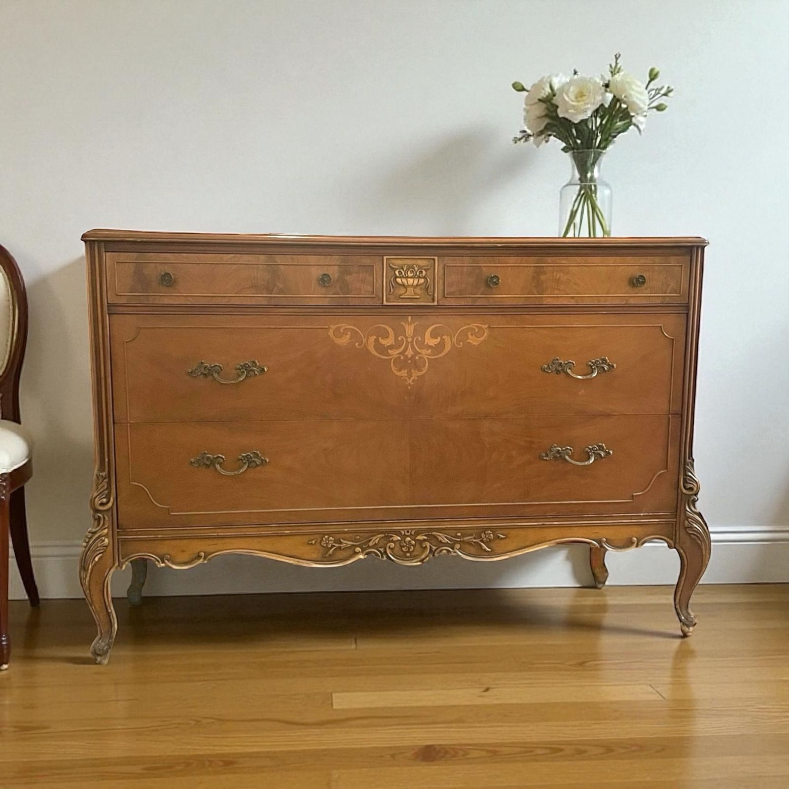Inlaid Burl Walnut French Large Wide Chest Drawers 1930s