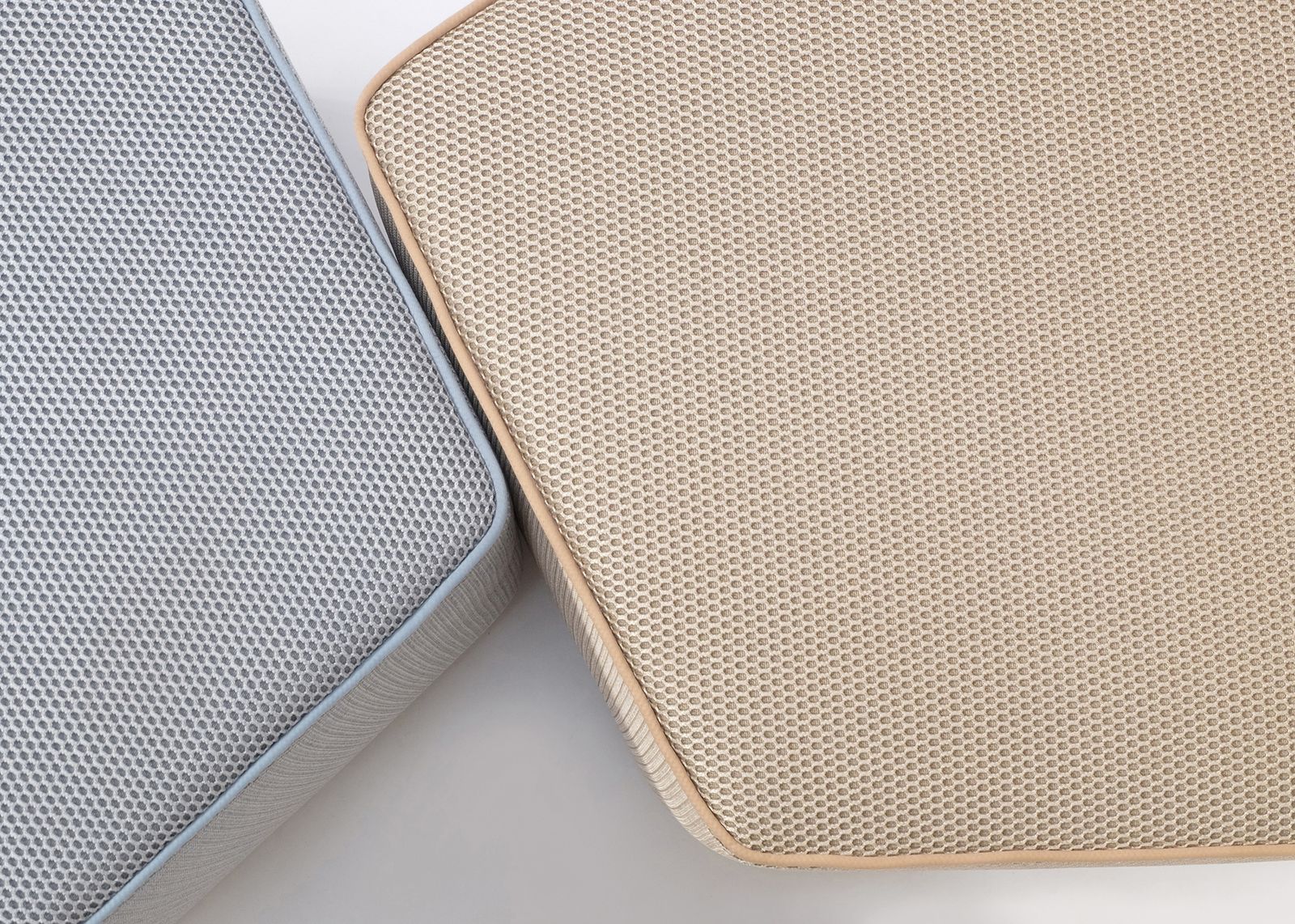 Set Of Two Contemporary Upholstered Ottomans, Design "Pentagon Stool", Covered In High Quality 3d Structured Fabric, Colour Silver Blue And Gold photo furniture