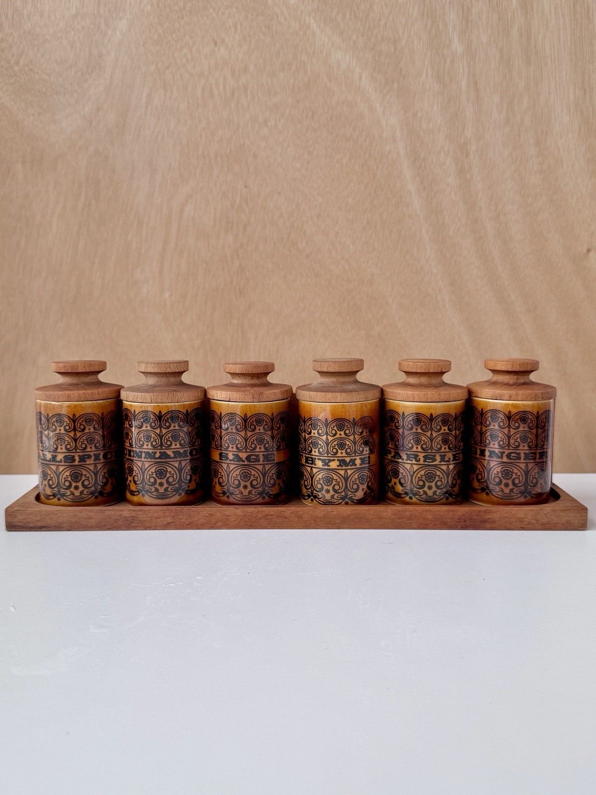 1960s Hornsea Pottery Scroll 6 Spice Jars With Turned Stoppers & Wooden Rack photo furniture