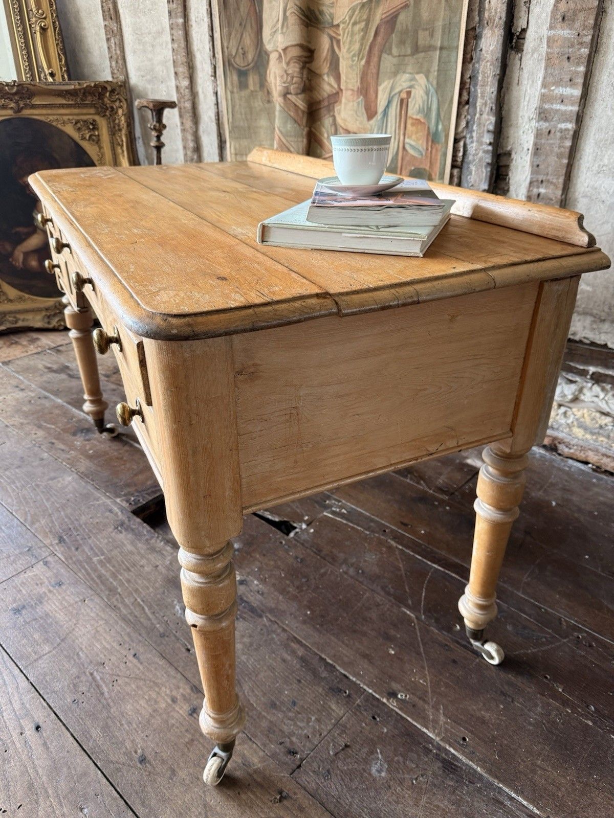 Furniture Original English Farmhouse Rustic Antique Pine Writing Office Table Desk 1860c photo