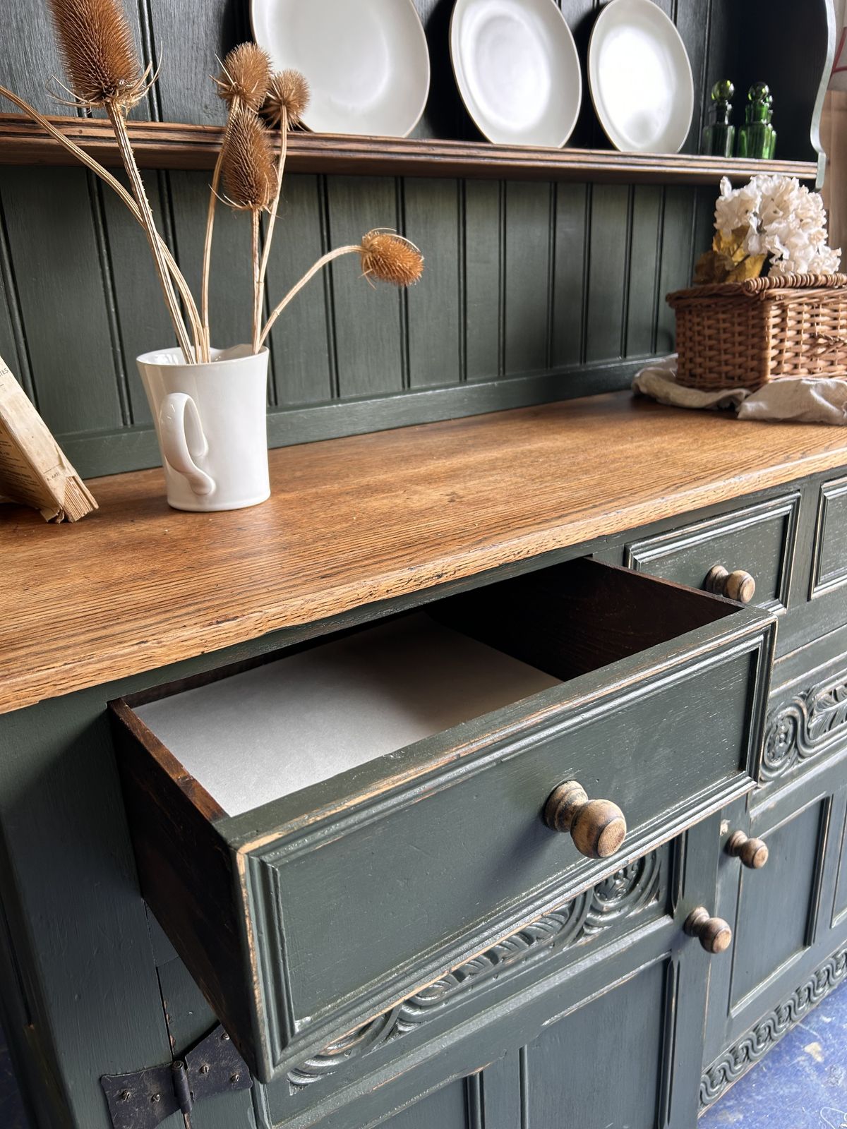 Mosswood Kitchen Dresser – Vintage Painted Pine With Carved Detail photo vinterior