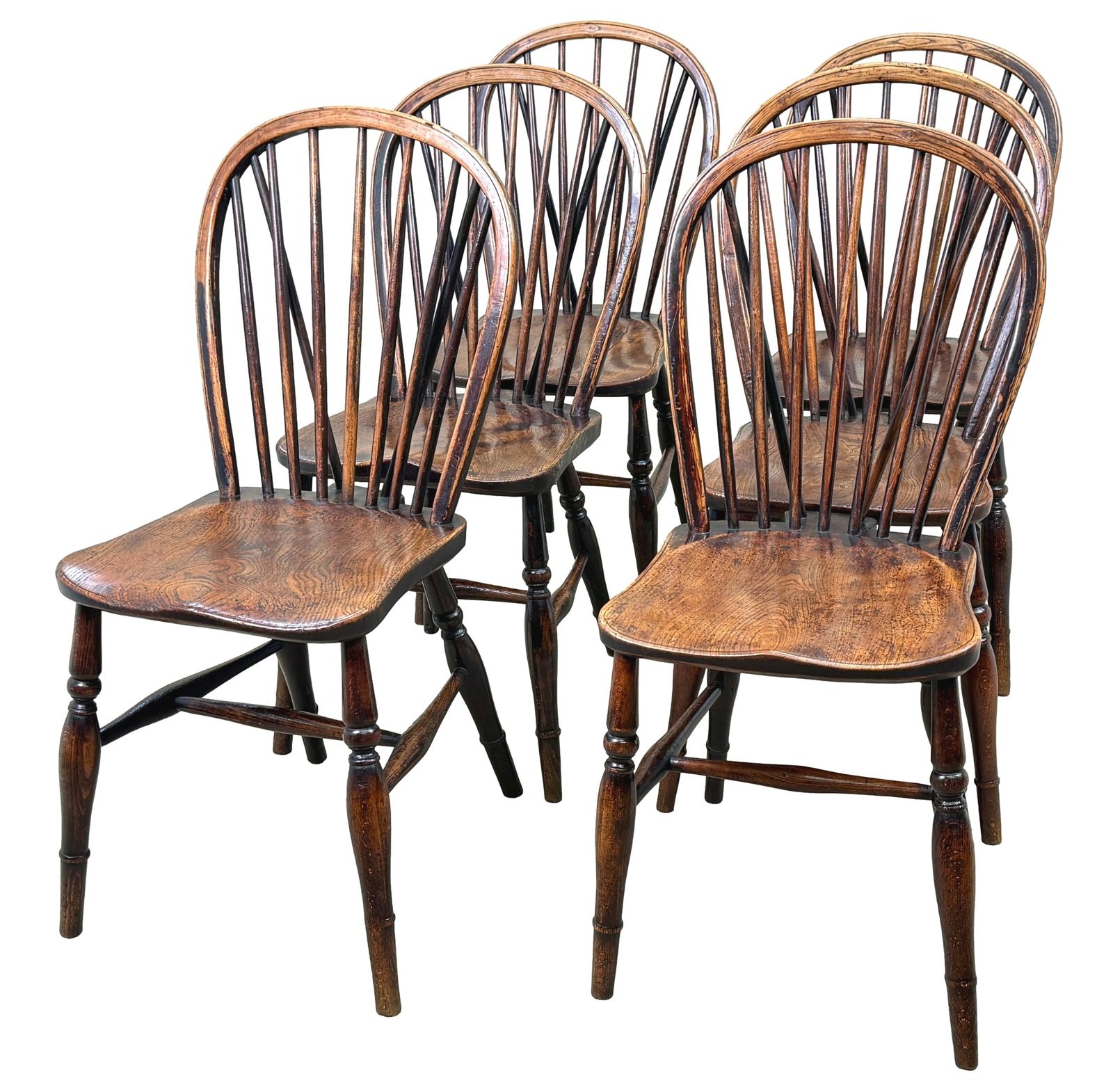 Ensemble de 6 chaises de cuisine Windsor d'époque, style campagnard, XIXe siècle (Angleterre, vers 1840)