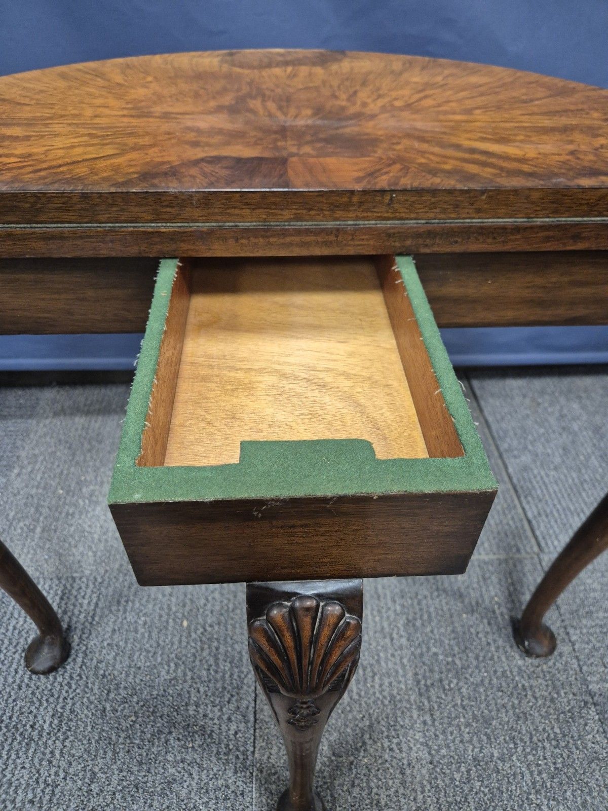 Burr Walnut Demi Lune Queen Anne Style Card Table photo vinterior