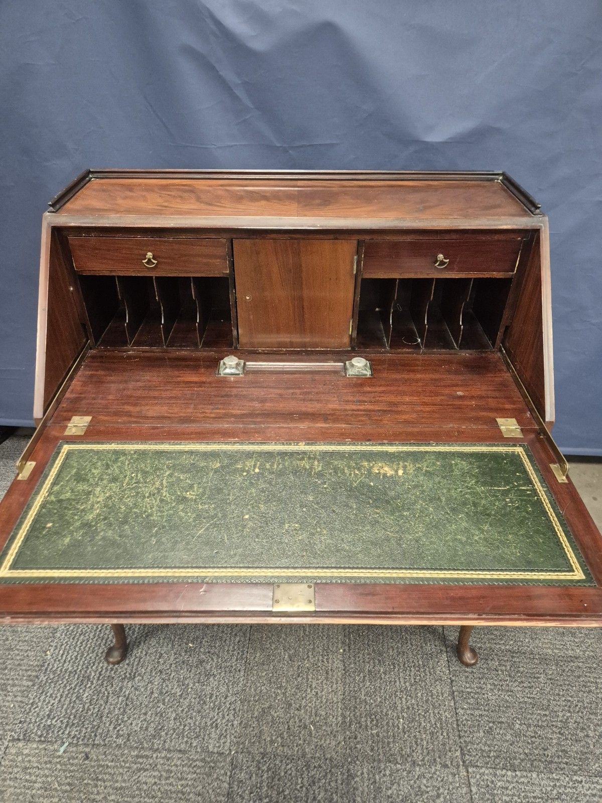 Vintage Queen Anne Style Burr Walnut Writing Bureau With Inkwells And Keys photo for sale