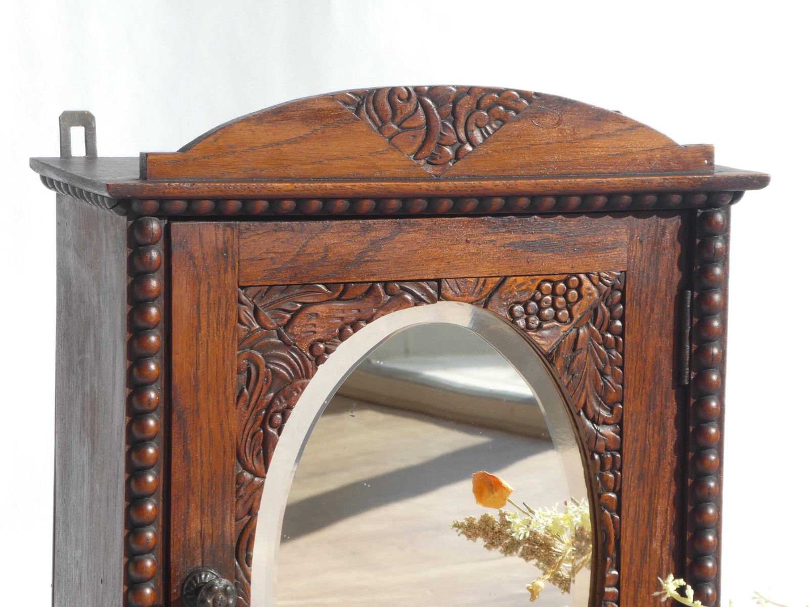Art Deco Antique Dark Wooden Apothecary, Small Mirror Cabinet Floral Carved, Medicine Cabinet With Shelf photo Furniture