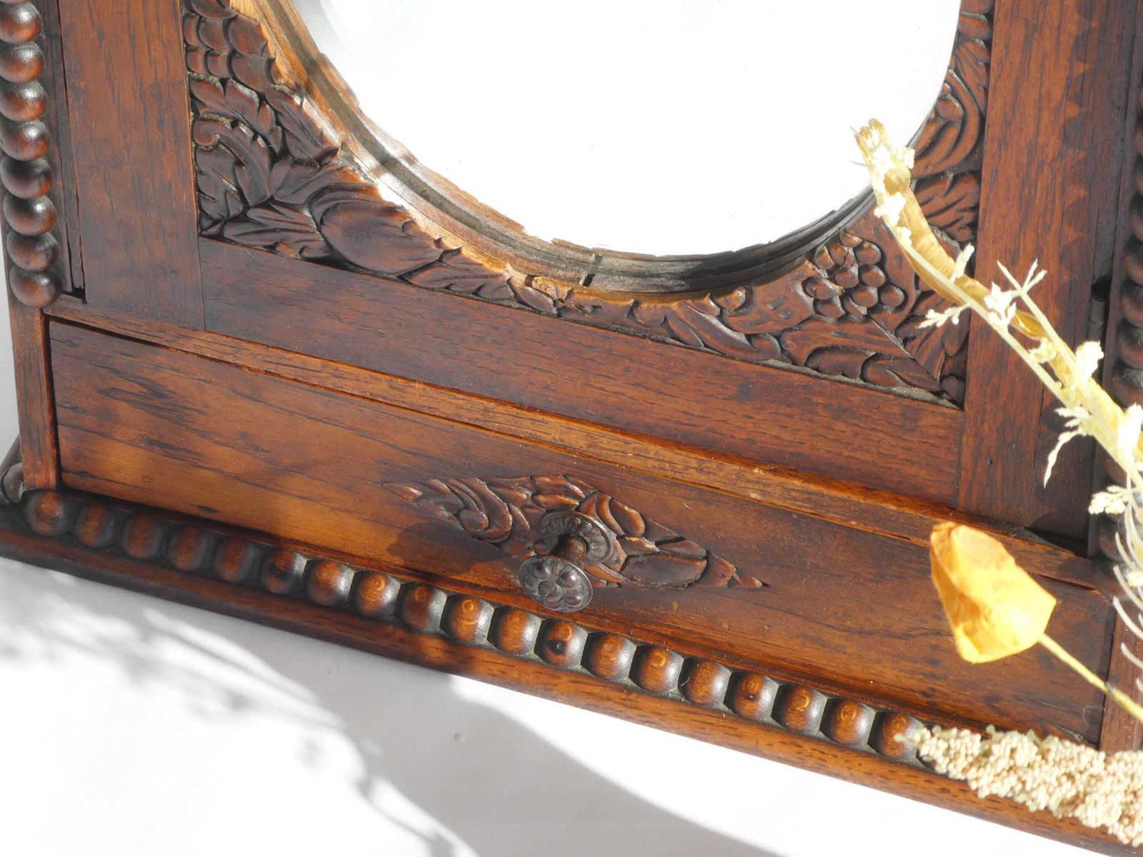 Art Deco Antique Dark Wooden Apothecary, Small Mirror Cabinet Floral Carved, Medicine Cabinet With Shelf photo 357.0